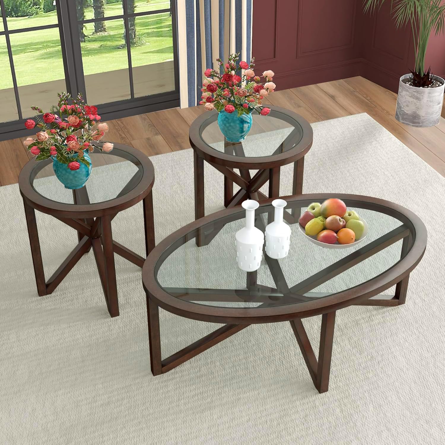 Modern Oval Wooden Coffee Table Set with Tempered Glass Top - 3-Piece Living Room Side Table Set in Cherry Brown - Perfect for Small Spaces, Apartments & Cozy Home Decor