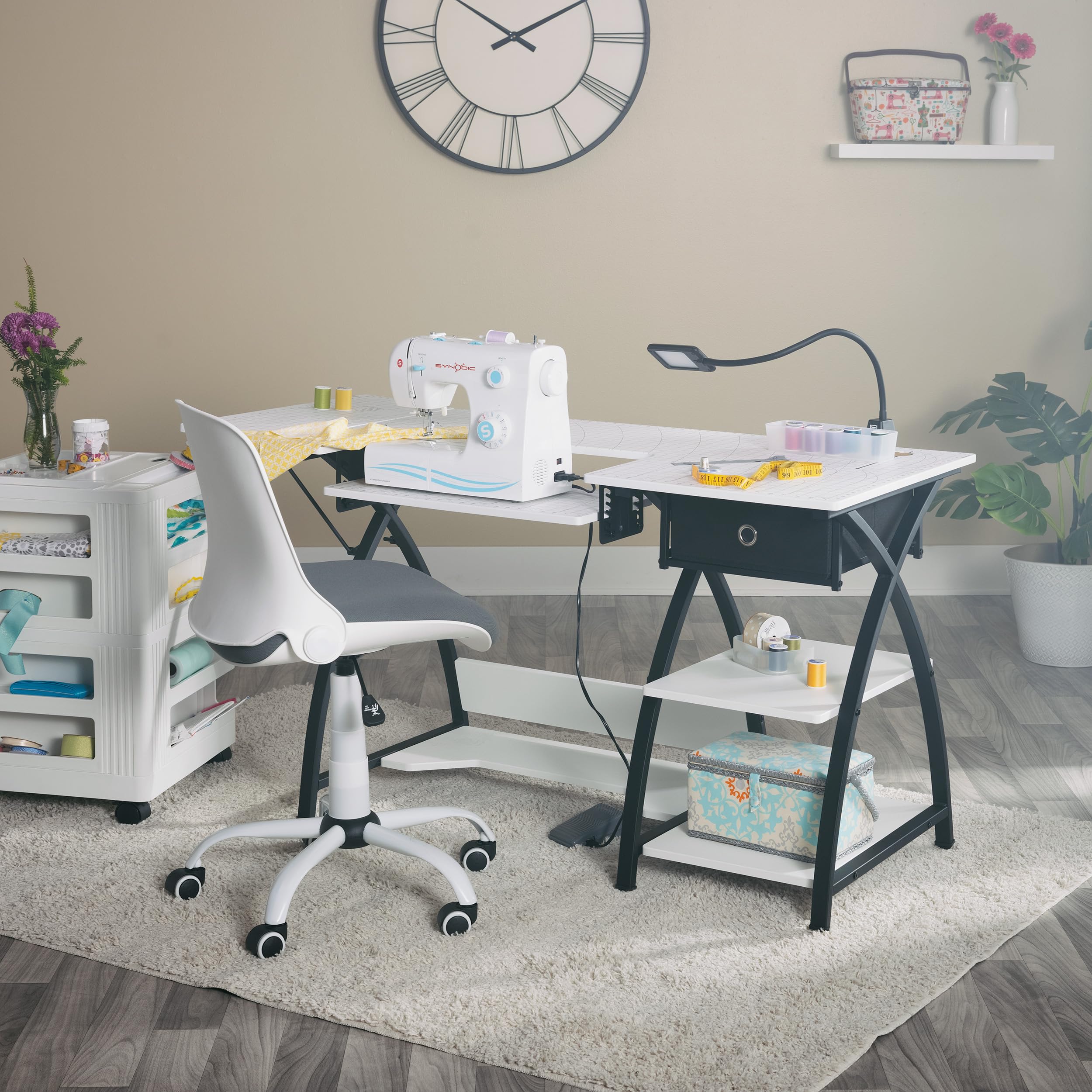 Sew Ready Comet Drawer Top Sewing Table with Black/White Grid - Perfect for Quilting, Crafting & Home Sewing Projects