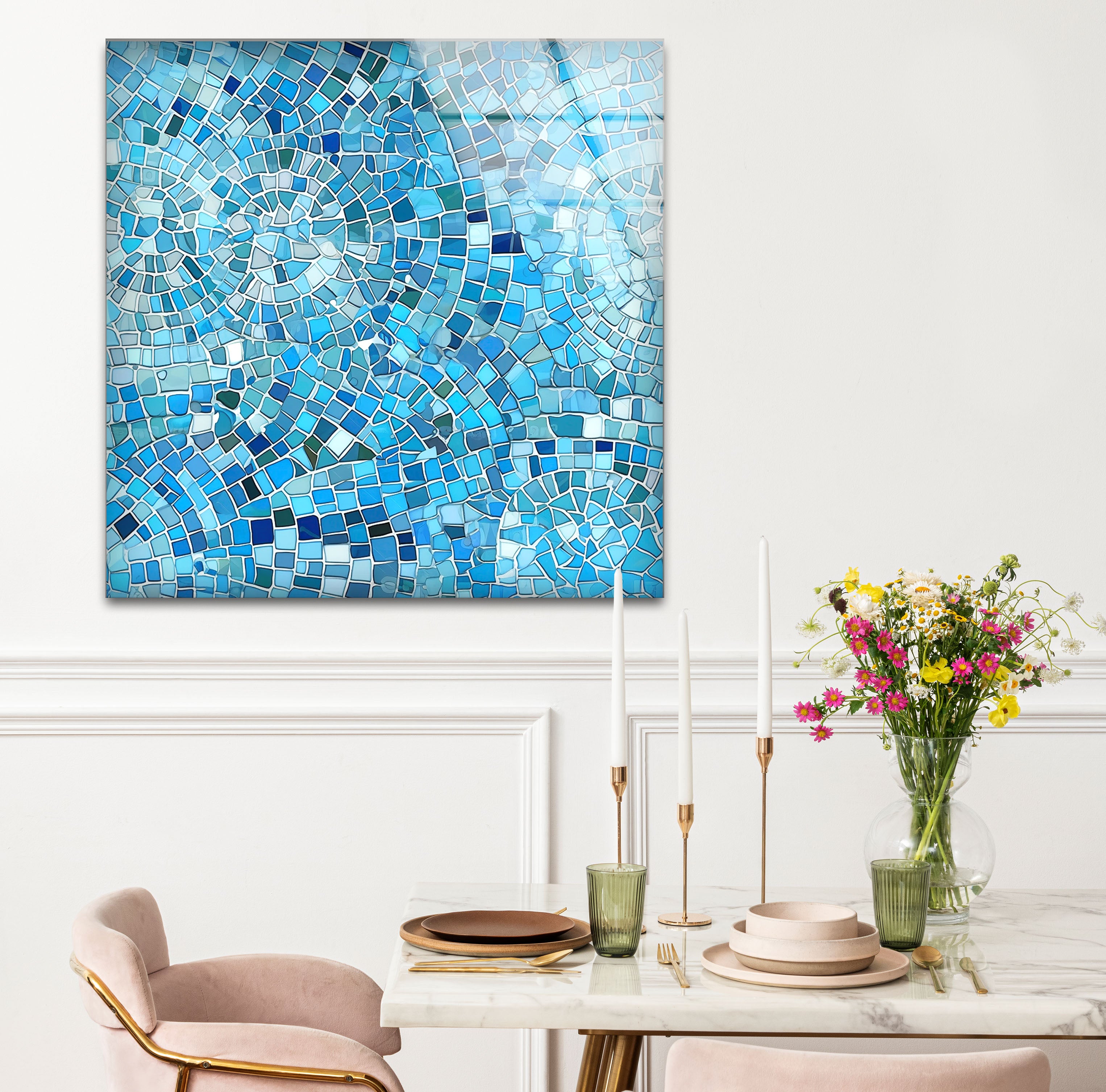Aqua Blue Mosaic Glass Wall Art - Coastal Geometric Bathroom Decor for Spa, Beach House & Home - Perfect for Bathroom, Living Room, Bedroom Wall Decor