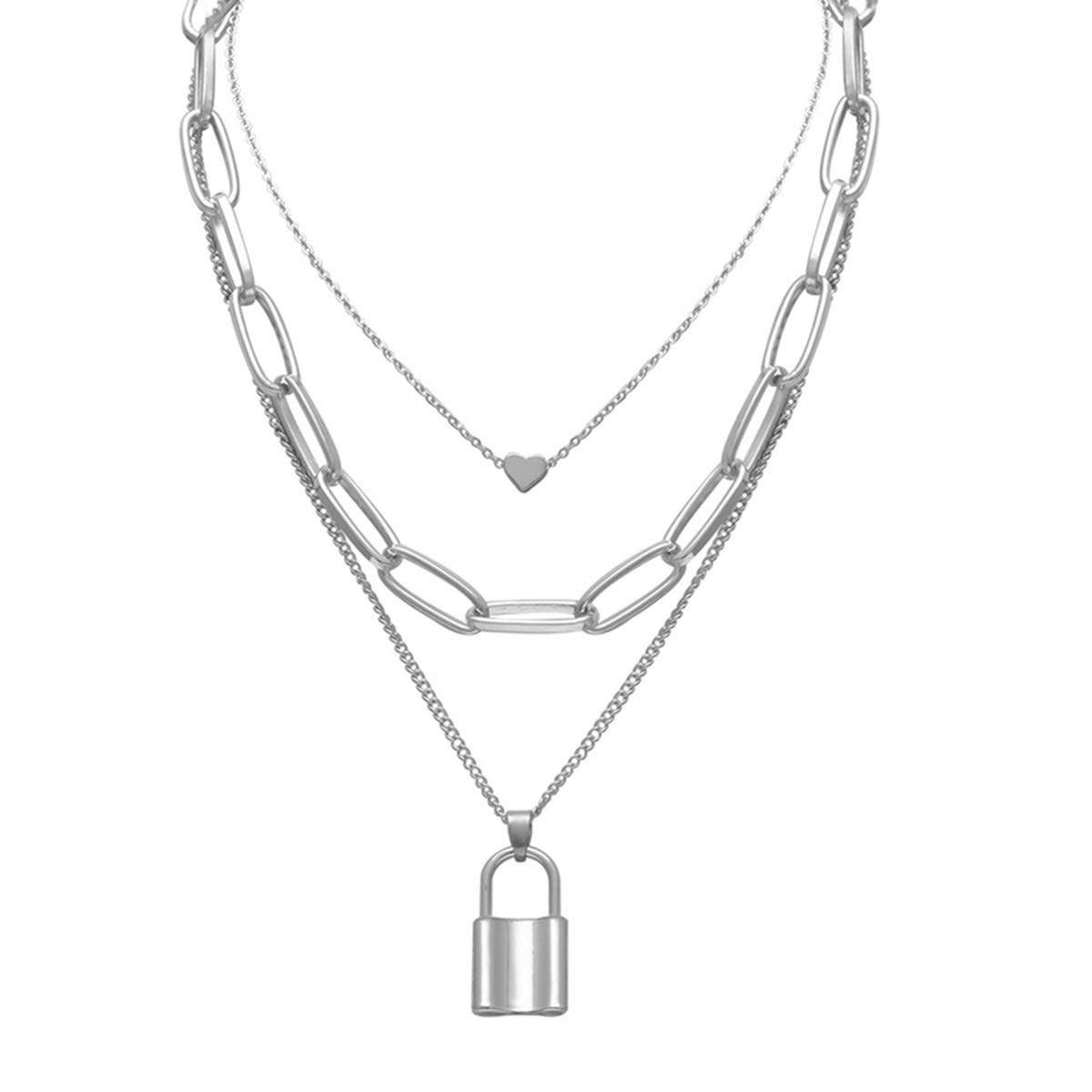 Salircon Silver Layered Necklace - Punk Style Lock & Key Thick Chain Jewelry for Women & Men - Gothic Aesthetic Necklace for Teens & Adults - Perfect for Concerts, Parties and Edgy Fashion Outfits