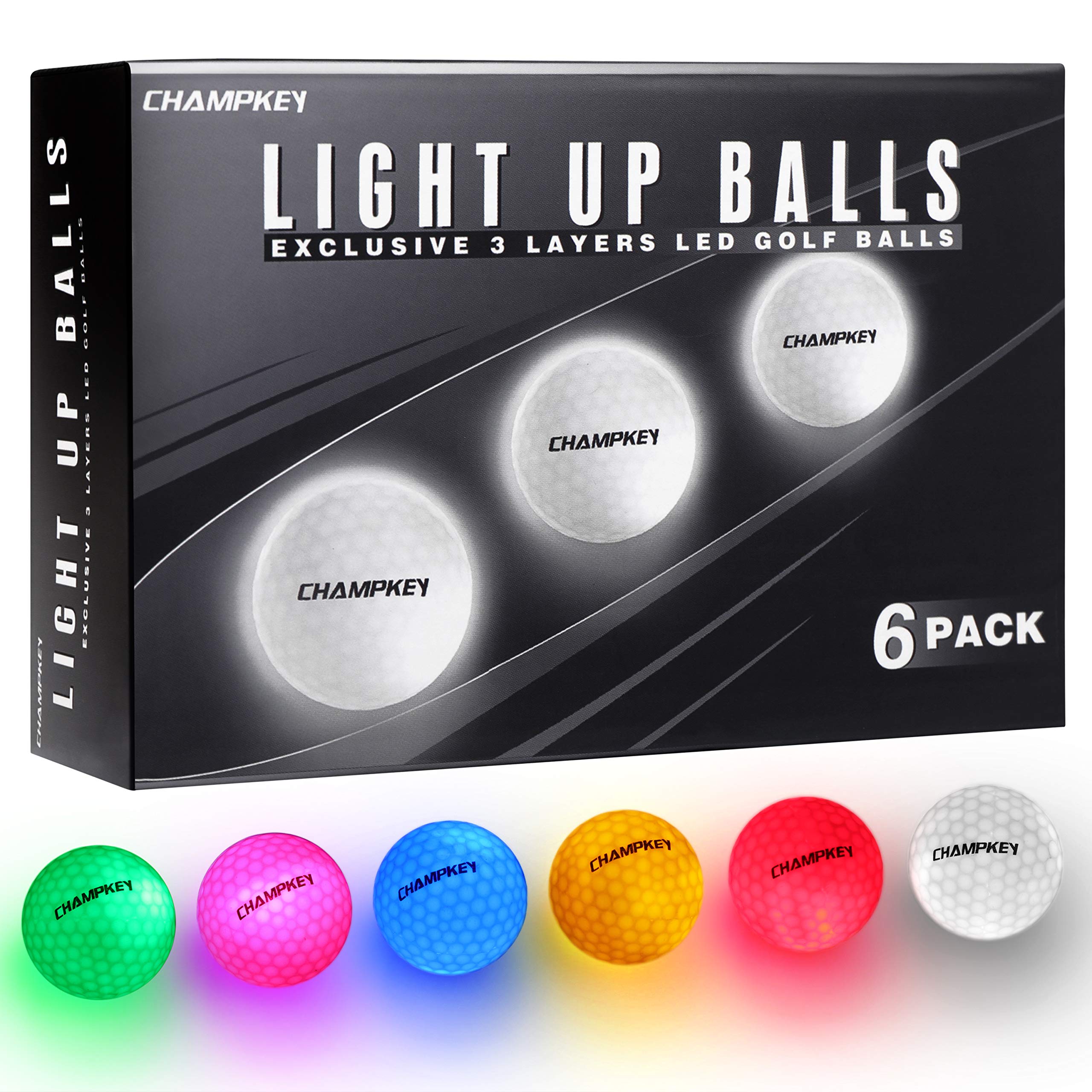 Champkey Premium Glow Golf Balls 6 Pack - Long Lasting LED Light Up Golf Balls (70+ Hours) with 10-Minute Auto Timer - Perfect for Night Golf, Backyard Practice & Outdoor Sports Activities