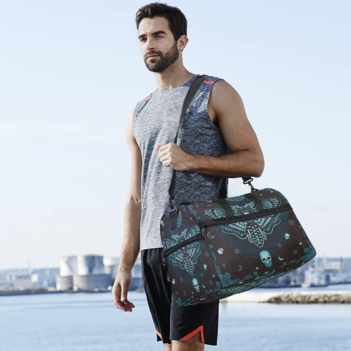 Butterfly Skull Mystical Design Travel Duffel Bag - Waterproof Gym Bag for Men & Women with Adjustable Strap - Perfect for Sports, Travel, Overnight Trips & Workout Sessions