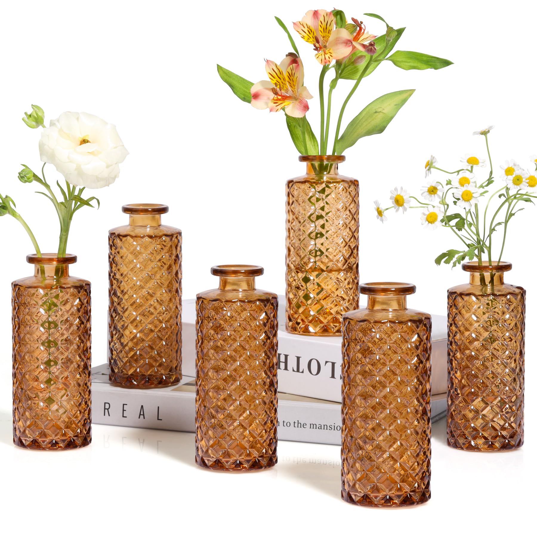 ComSaf Set of 6 Small Diamond Glass Bud Vases - Mini Flower Vases for Wedding Centerpieces, Table Decor, Home Decor, Reception Decor - Perfect for Weddings, Parties, and Home Decoration (Amber)