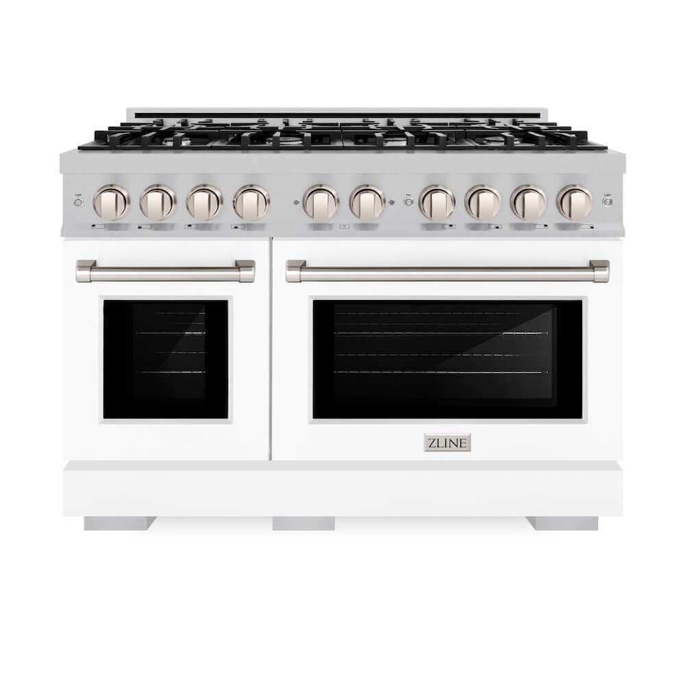 ZLINE 48-inch 6.7 cu. ft. Professional Double Oven Gas Range with 8 Burner Cooktop - Satin Stainless Steel & White Matte Doors (HGRS WM 48) | Perfect for Large Kitchens, Holiday Cooking & Entertaining