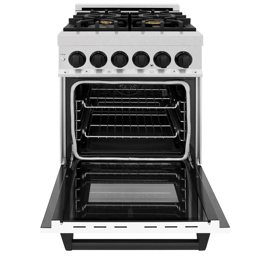 ZLINE Autograph Edition 24-inch 2.8 cu. ft. Dual Fuel Range - 4 Burner Gas Cooktop & Electric Convection Oven - Satin Stainless Steel with White Matte Door & Black Accents (RASZ WM 24 MB) | Professional Kitchen Appliance for Home Chefs & Cooking Enthusiasts