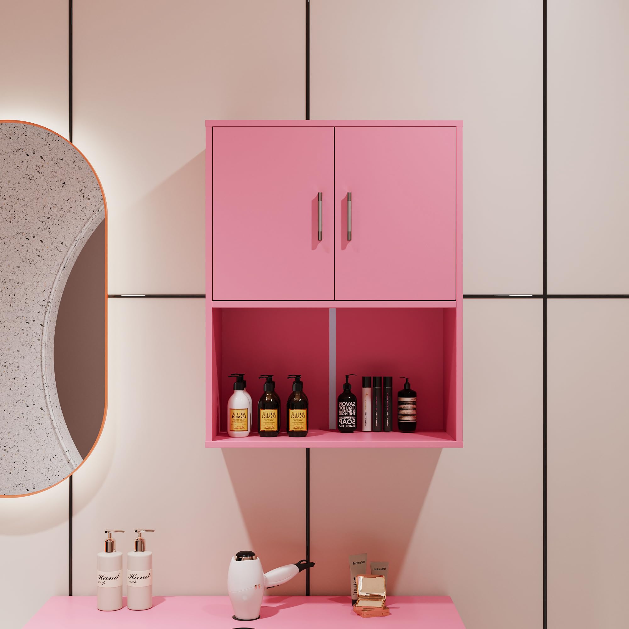 Modern Pink Wall Mounted Salon Cabinet - 2 Doors & Open Shelf Locking Storage for Barber Shop, Beauty Spa - Perfect for Organizing Hair Styling Tools, Salon Supplies & Equipment