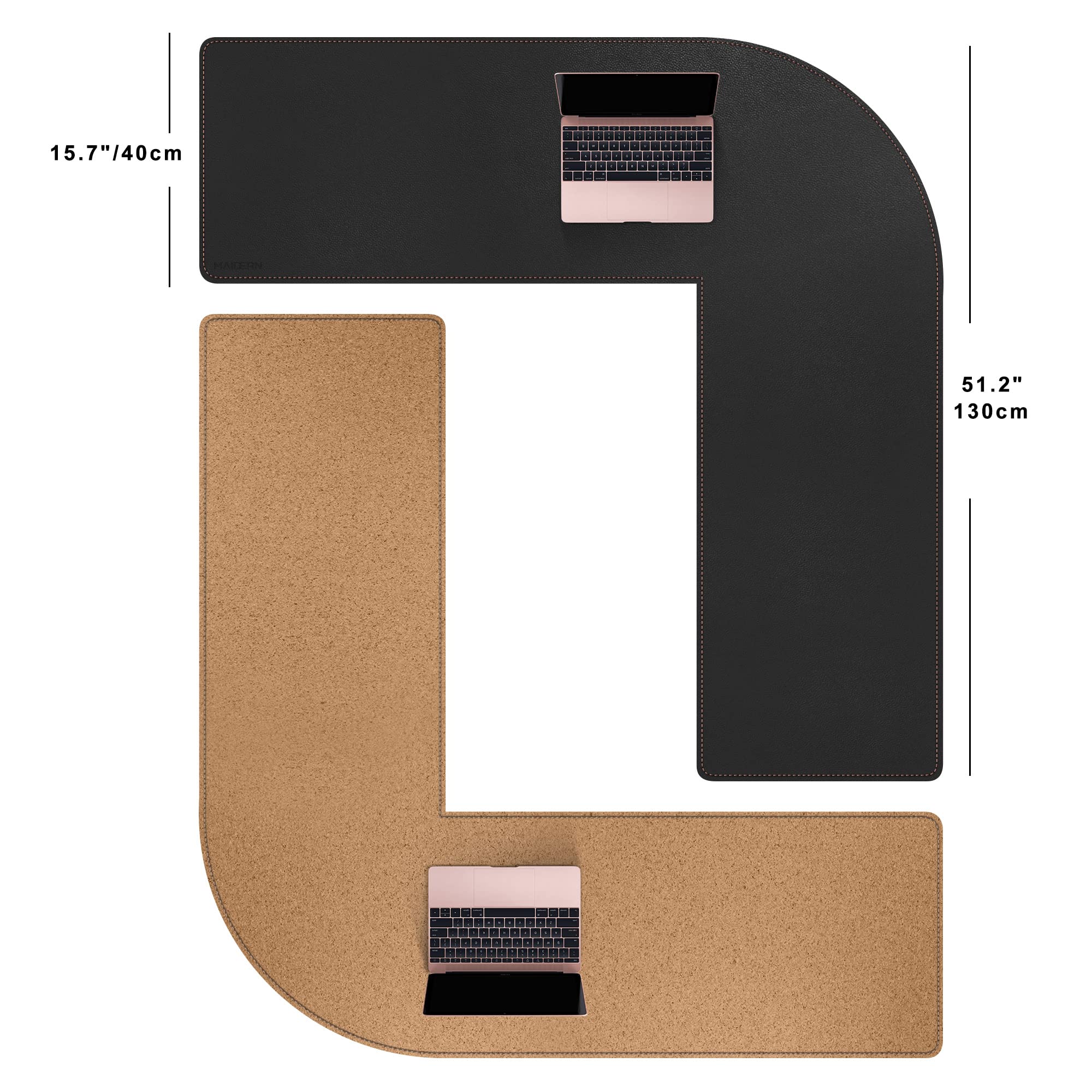 MAIDERN 51 Inch L-Shaped Corner Desk Mat - Reversible Cork & Leather Desk Pad for Gaming, Computer, Office & Home Use (Black) - Perfect for Workstations, Home Offices & Gaming Setups