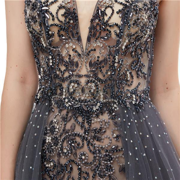 Elegant Grey V-Neck Open Back Beaded A-Line Evening Prom Dress for Women | Formal Party Gown | Perfect for Prom, Homecoming, Cocktail Parties & Special Occasions