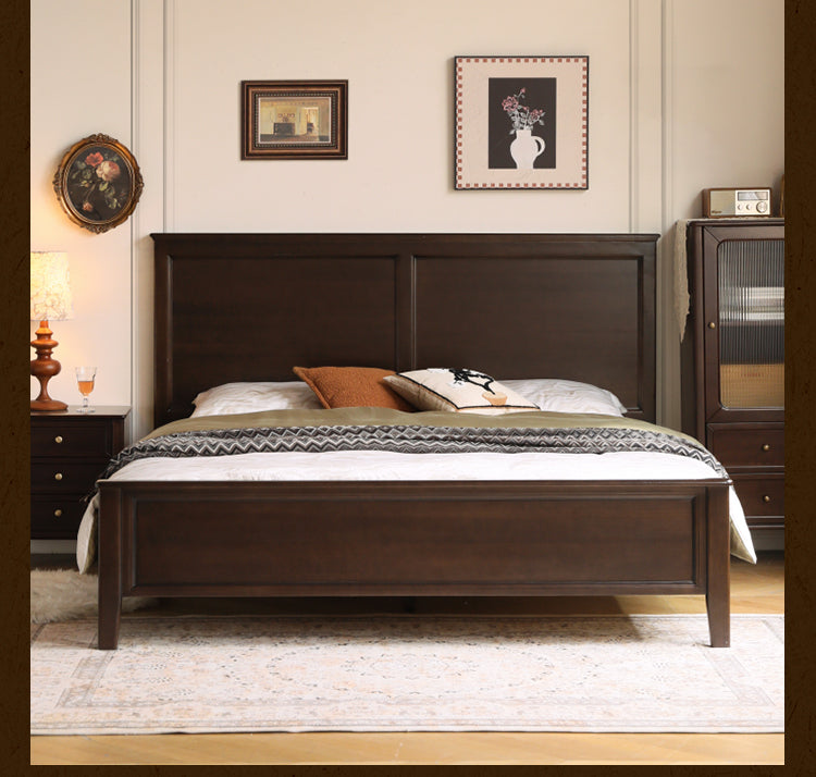 Solid Poplar Wood Bed - Modern American Retro High Back Bed Frame for Bedroom, Guest Room & Master Suite