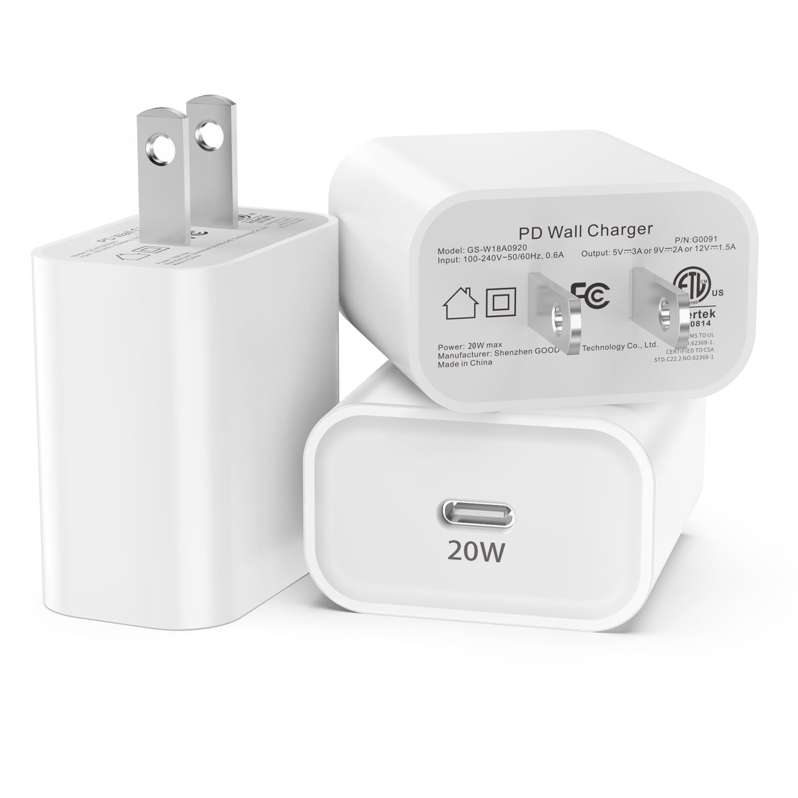 MFi Certified 20W USB C Fast Charger Block 3 Pack - PD3.0 Wall Charger Compatible with iPhone 15/14/13/12/11 Pro/Max/XR/XS/Plus & iPad - Perfect for Home, Office & Travel Charging