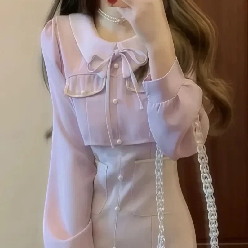 Elegant French Lavender Women's Dress - High-Qgentle Fake Two Piece Purple Long Sleeve Formal Gown for Evening Parties, Weddings & Special Occasions