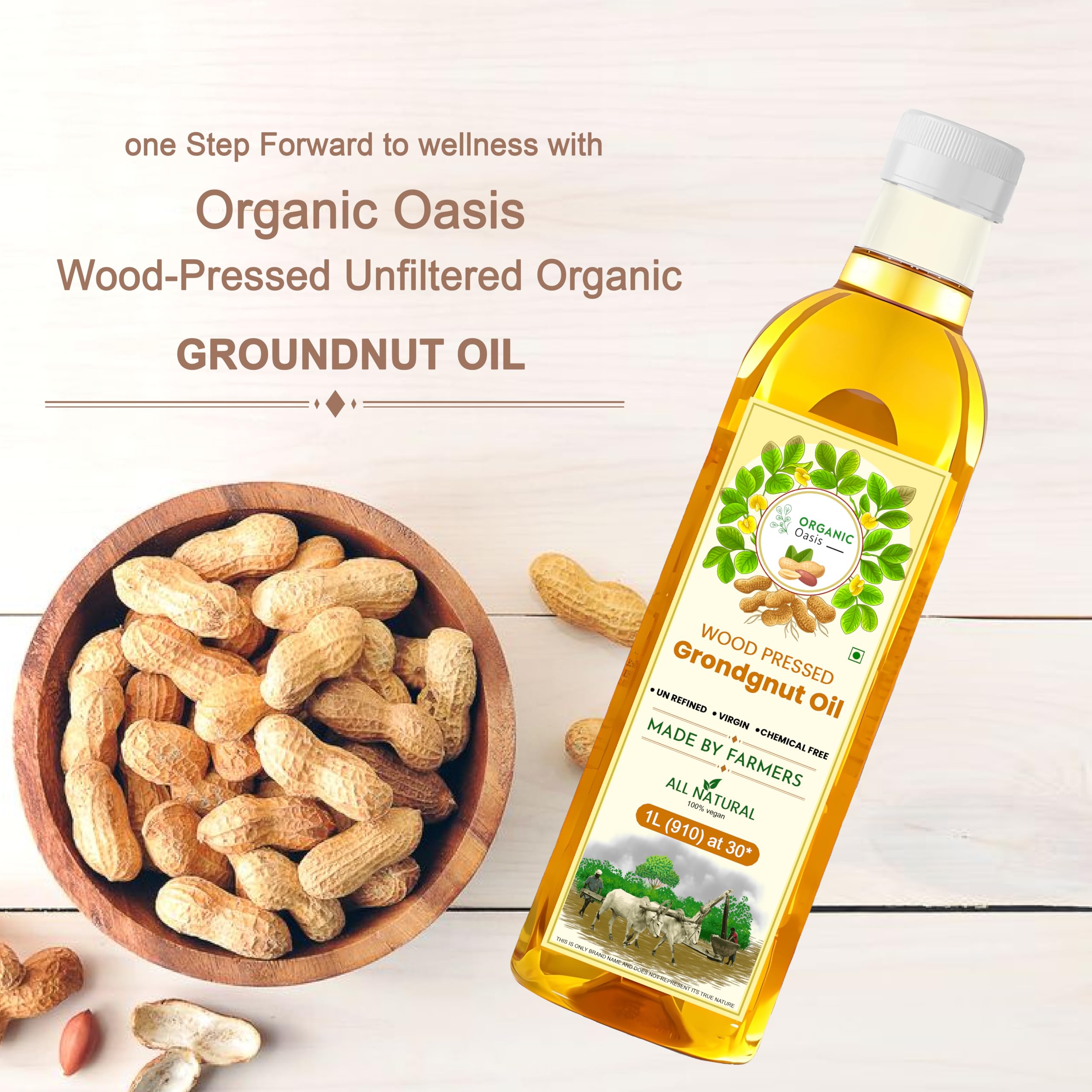 Organic Oasis Cold Pressed Peanut Oil - 100% Pure, Unrefined, Virgin Groundnut Oil | Kacchi Ghani Wood Pressed | 33oz Bottle | Perfect for Salad Dressings, Stir-Fries & Healthy Cooking
