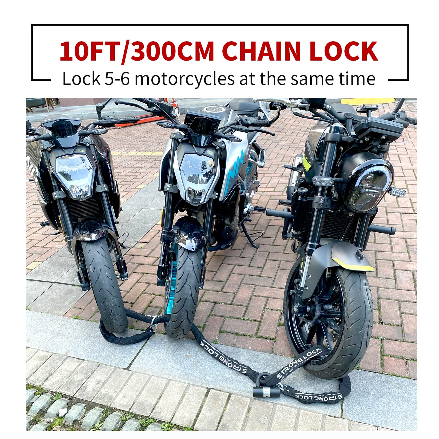 AKM 10ft/300cm x 10mm Heavy Duty Motorcycle Chain Lock - Anti-Theft Security Bike Lock with 16mm U Lock & 4 Keys - Super Long Durable for Motorcycles, Bicycles, Trailers, Containers - Perfect for Outdoor Parking, Storage Security & Travel Protection
