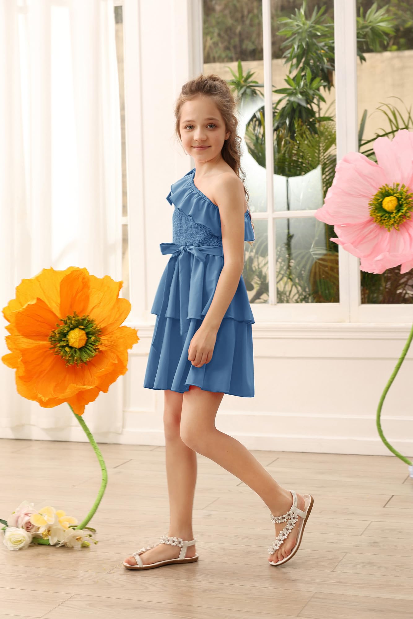 Danna Belle Girls Party Dress One Sleeve Floral Summer Birthday Dress for Kids Size 5-14 | Perfect for Birthday Parties, School Events & Special Occasions