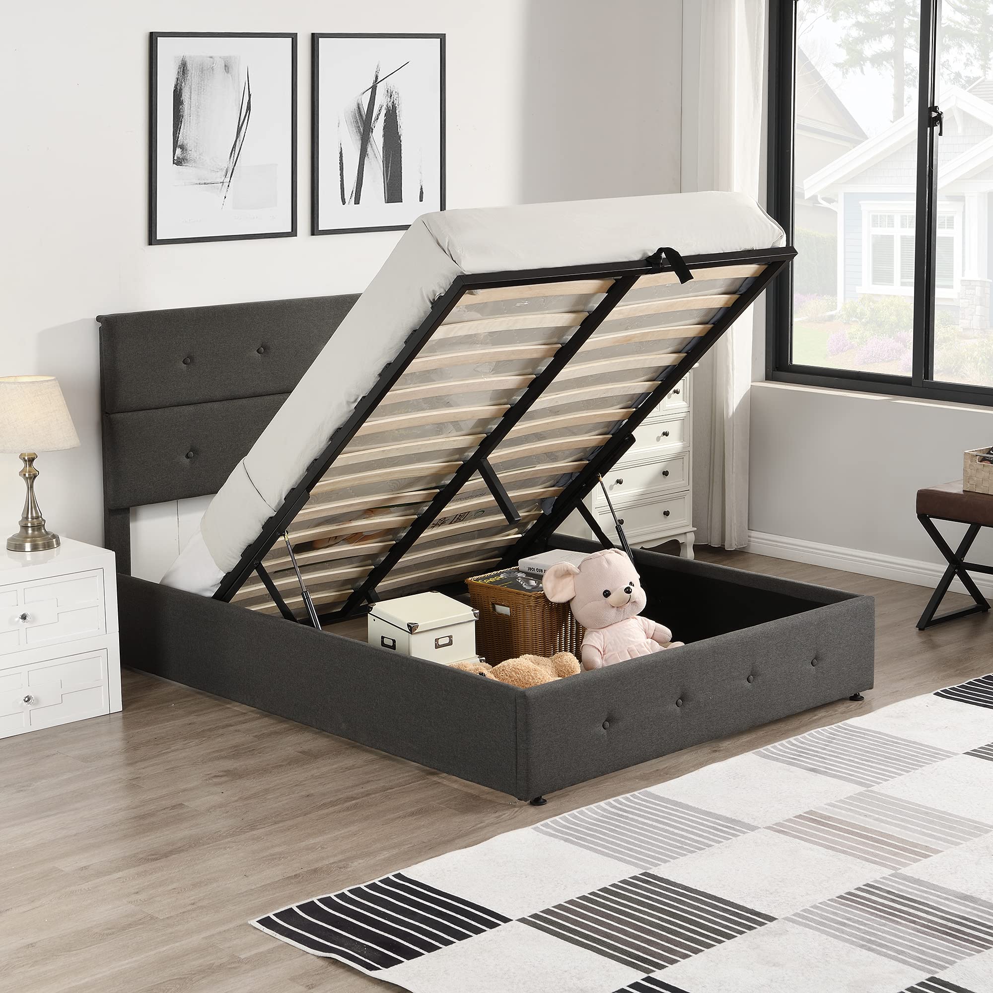 MERITLINE Full Size Upholstered Platform Bed Frame with Headboard & Wooden Slat Support - Easy Lift-up Under Bed Storage, Button Tufted Design in Gray - Perfect for Small Bedrooms & Guest Rooms