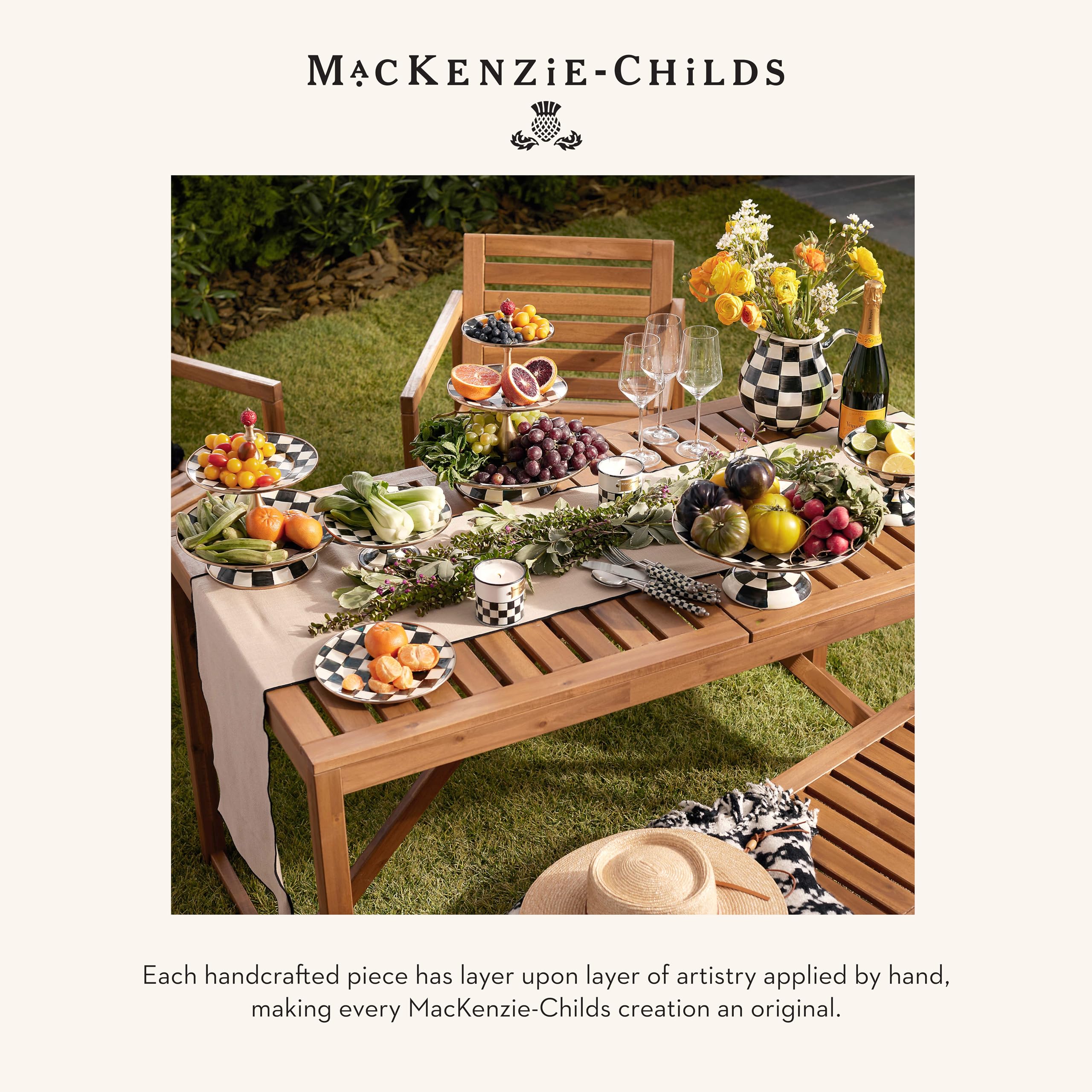 MACKENZIE-CHILDS Black and White Enamel Pedestal Platter - Round Cake Stand for Desserts, Mini Size, Elegant Courtly Check Pattern - Perfect for Tea Parties, Wedding Receptions & Home Decor