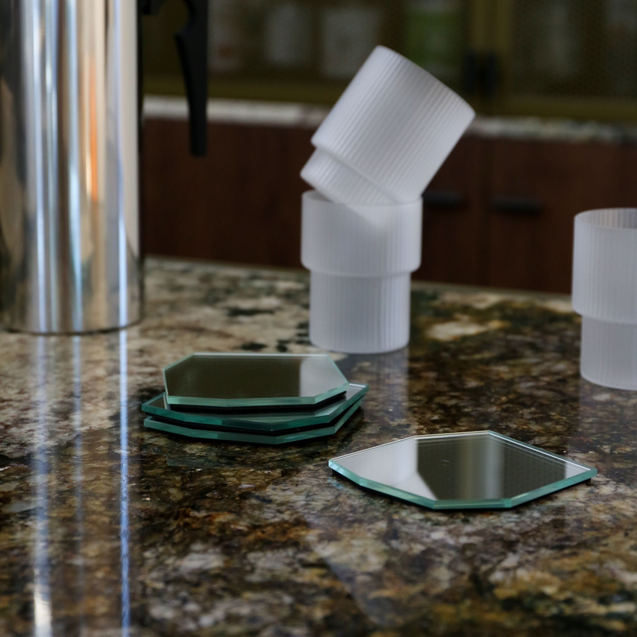 FERM LIVING Shard Coasters Set of 4 - Modern Mirror Finish Drink Coasters for Coffee Table, Bar, and Home Decor - Perfect for Protecting Surfaces from Water Rings and Stains