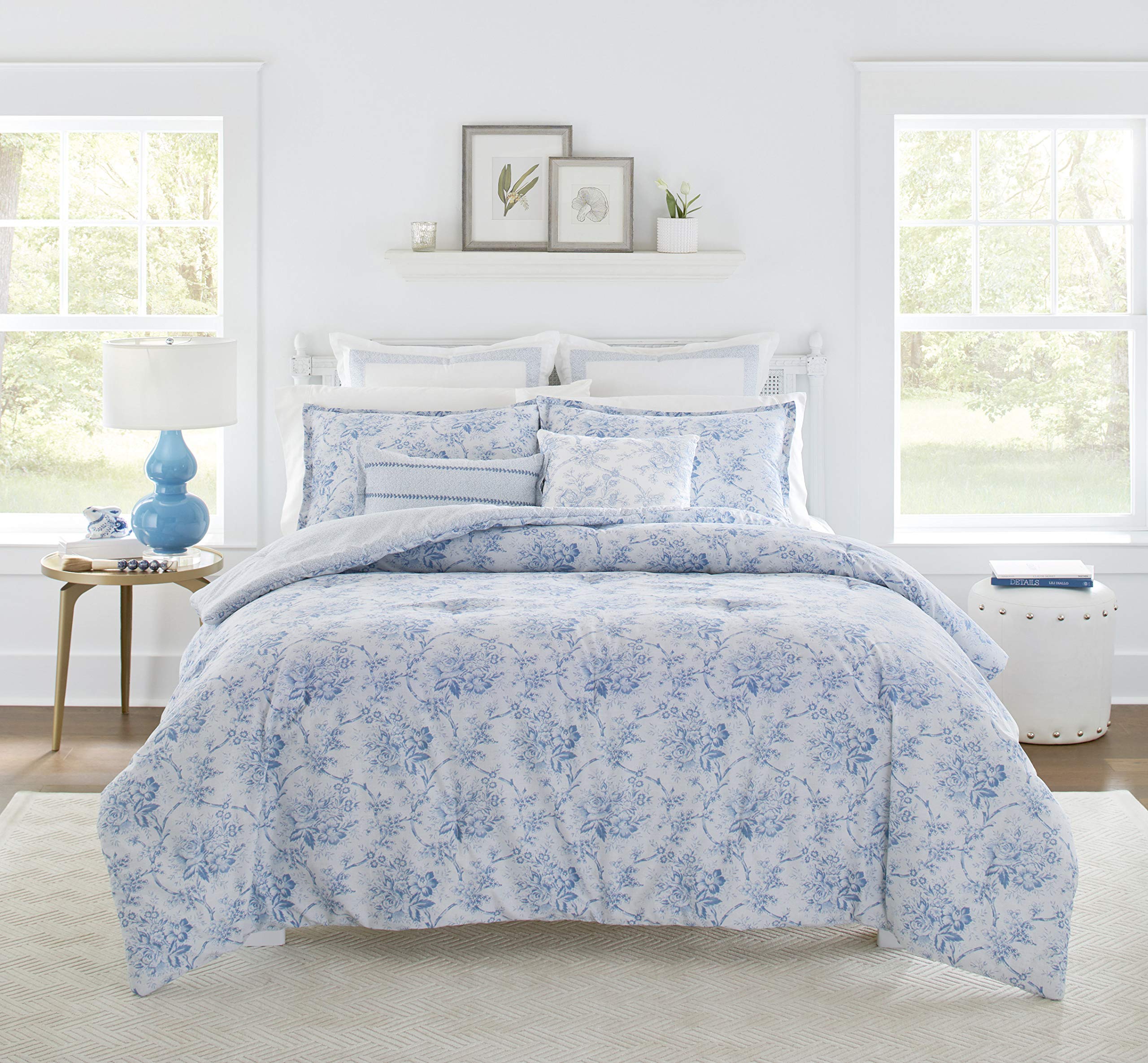 Laura Ashley Home - Queen Size Reversible Cotton Comforter Set with Matching Shams, Euro Shams & Throw Pillows | Soft Bedding for Master Bedroom & Guest Room (Nina Blue)