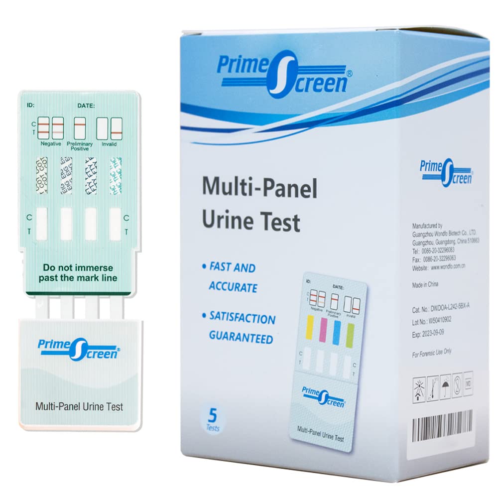 Prime Screen Multi-Panel Urine Test Kit - 5 Panel Drug Test for THC, Nicotine (COT), Alcohol (EtG) - 5 Pack - Home & Workplace Drug Testing, Employee Screening, Probation Monitoring