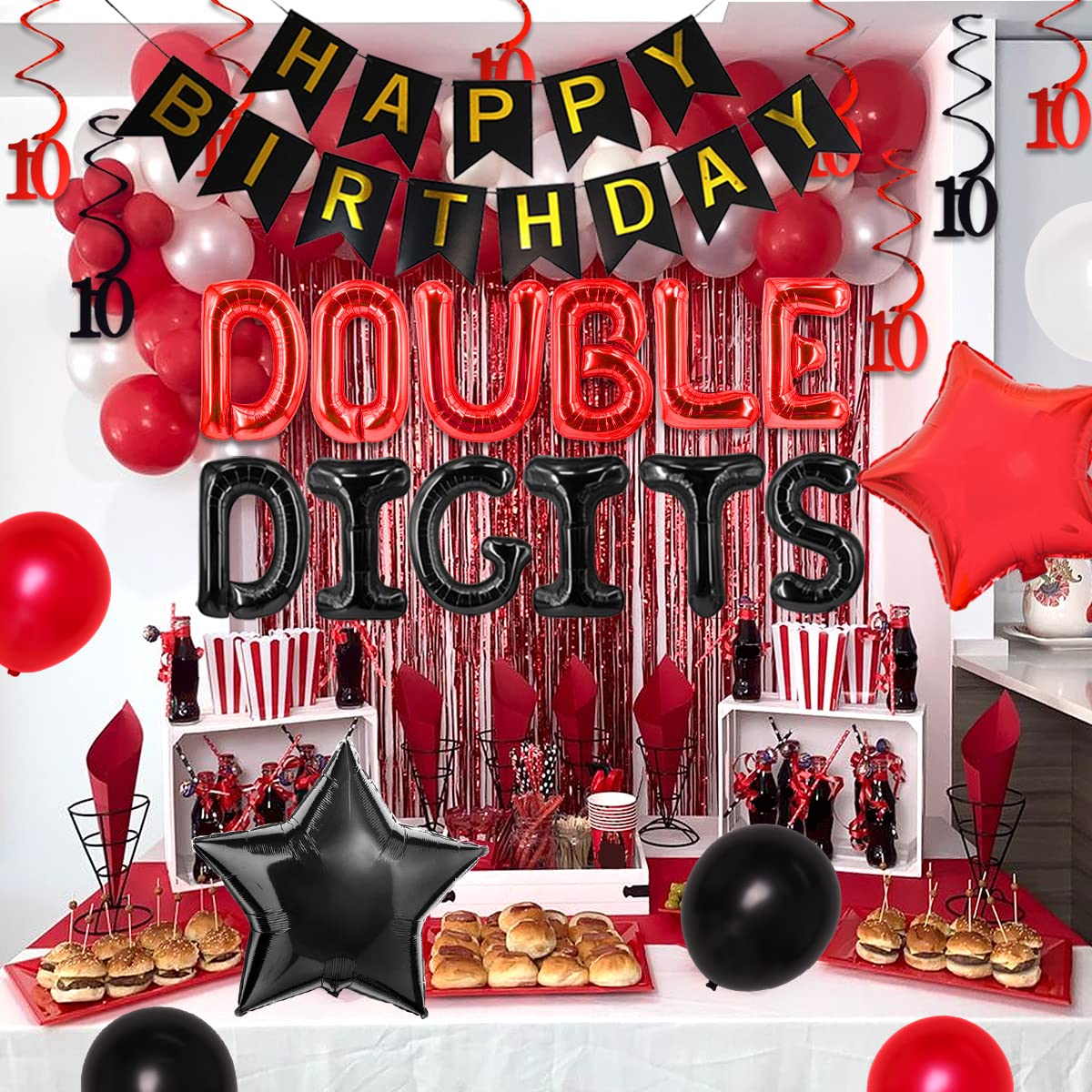 10th Birthday Party Decorations for Boys - Red & Black Double Digits Theme with Foil Balloons, Hanging Swirls, Cake Topper & Banner | Perfect for 10 Year Old Birthday Celebrations, Decorations & Photo Backdrops