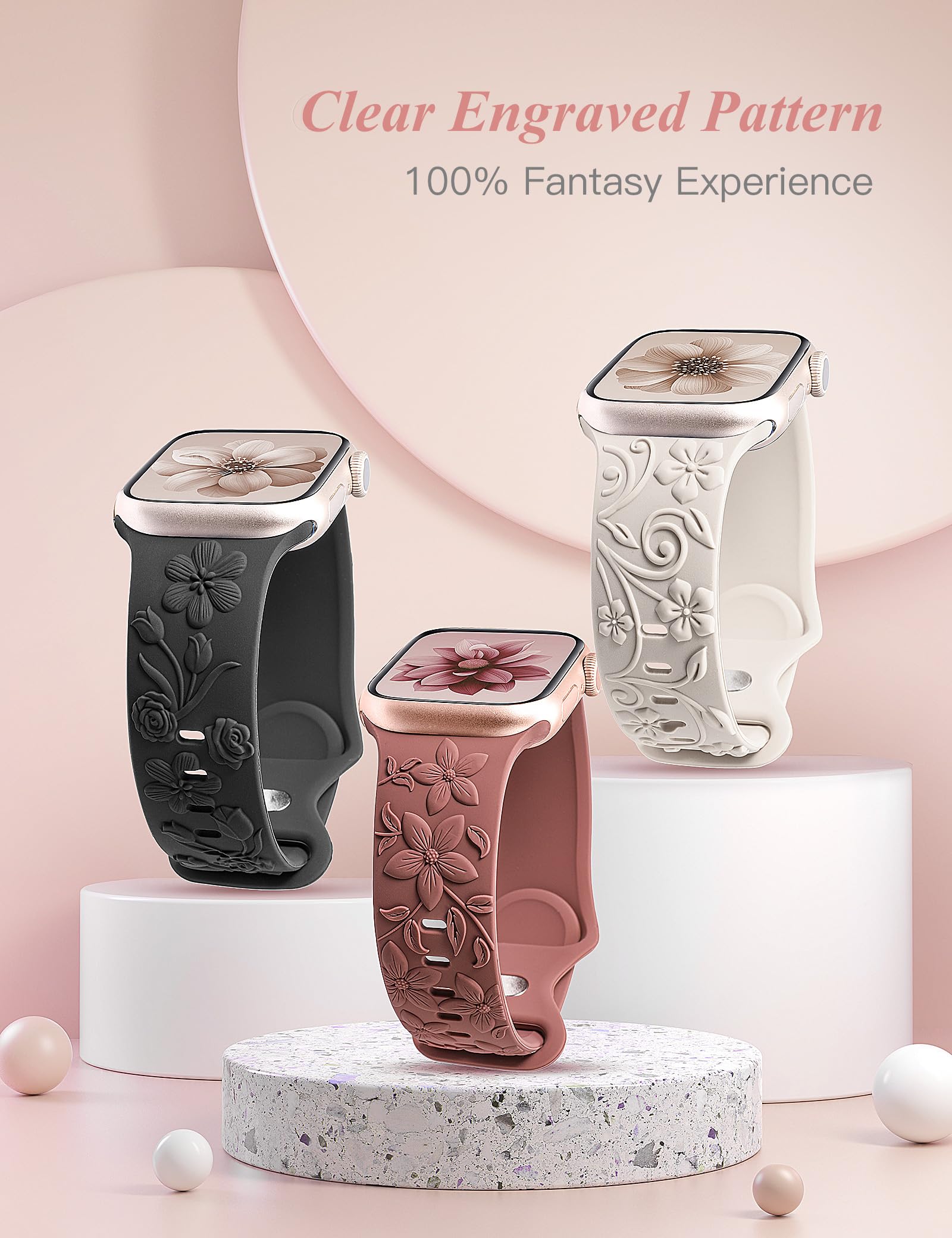 TOYOUTHS 3 Pack Floral Engraved Apple Watch Bands for Women - Soft Silicone Bracelet Compatible with iWatch Series SE/9/8/7/6/5/4/3/2/1 (38mm/40mm/41mm/42mm) - Cute Embossed Flower Design in Starlight/Violet/Black - Perfect for Workout, Daily Wear & Fashion Accessories