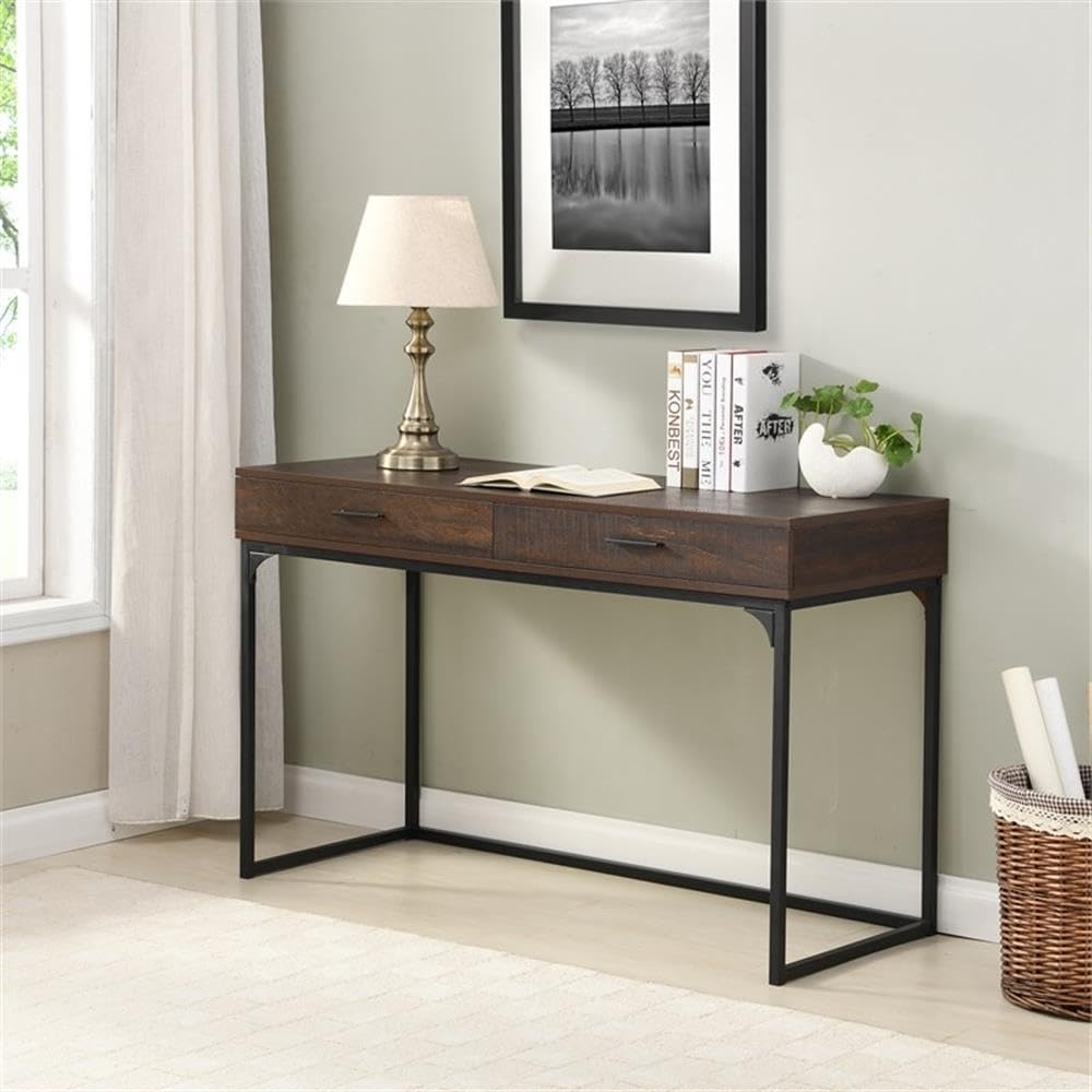 BOWERY HILL Modern Transitional Metal Computer Desk with Drawers - Elm Wood & Black Finish - Home Office Workstation for Small Spaces & Gaming Setup