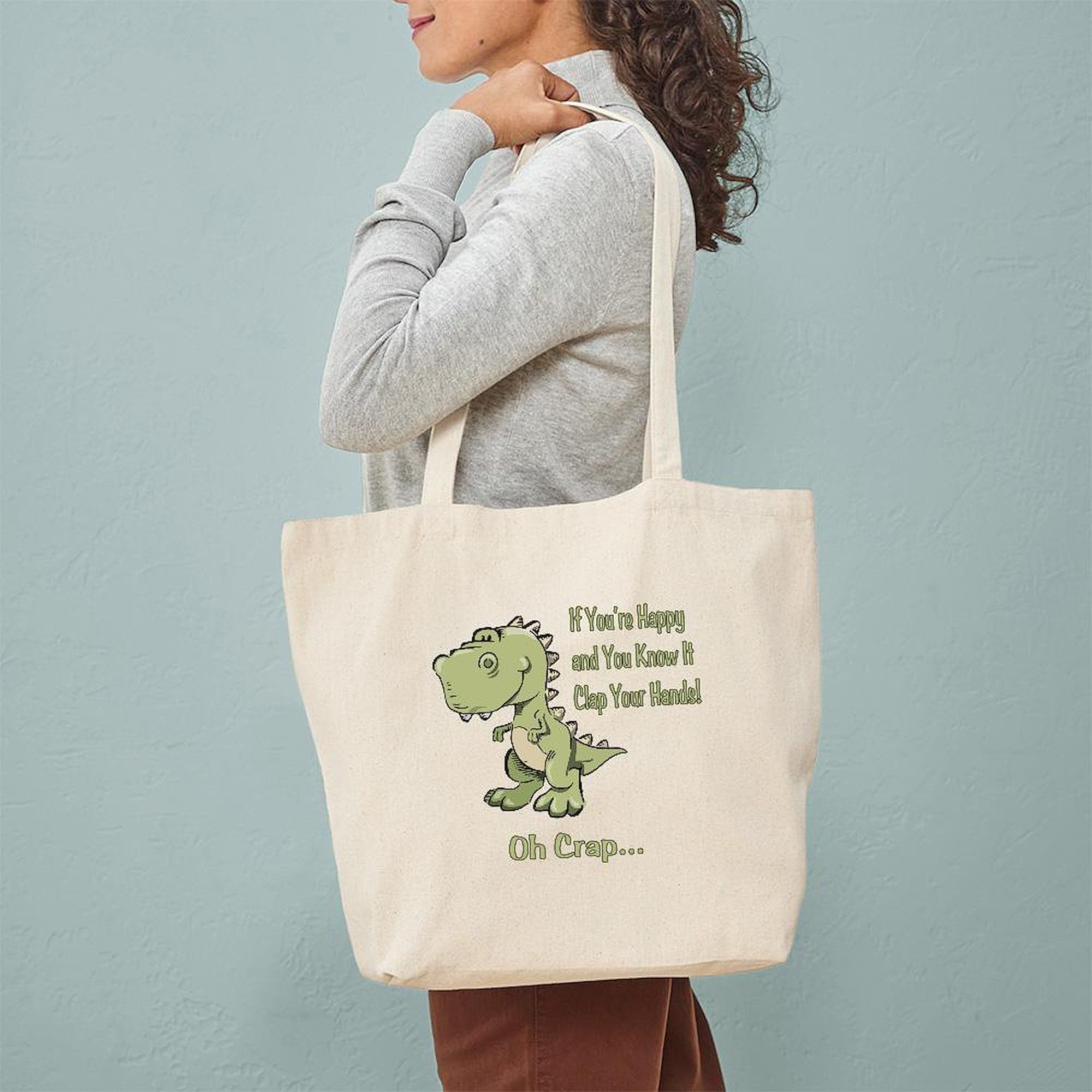 Happy Trex Tote Bag - Natural Canvas Reusable Shopping Bag for Groceries, Beach & Everyday Use | Eco-Friendly Cotton Tote with Dinosaur Design