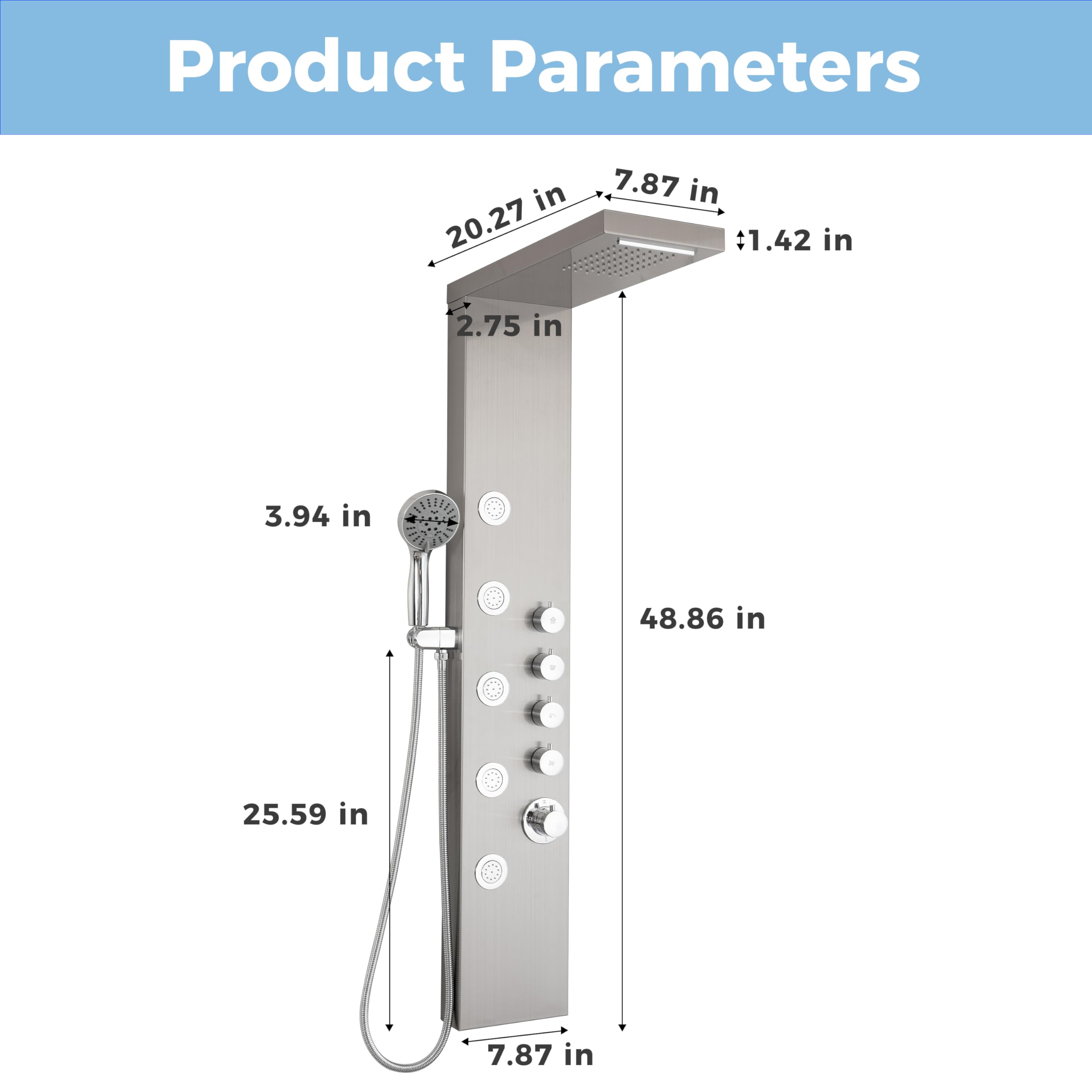 DELAVIN Stainless Steel Shower Panel Tower System - Multi-Function Rainfall Showerhead with Body Jets & Handheld Spray - Brushed Nickel Finish - Perfect for Luxury Bathroom Renovation & Spa-Like Shower Experience