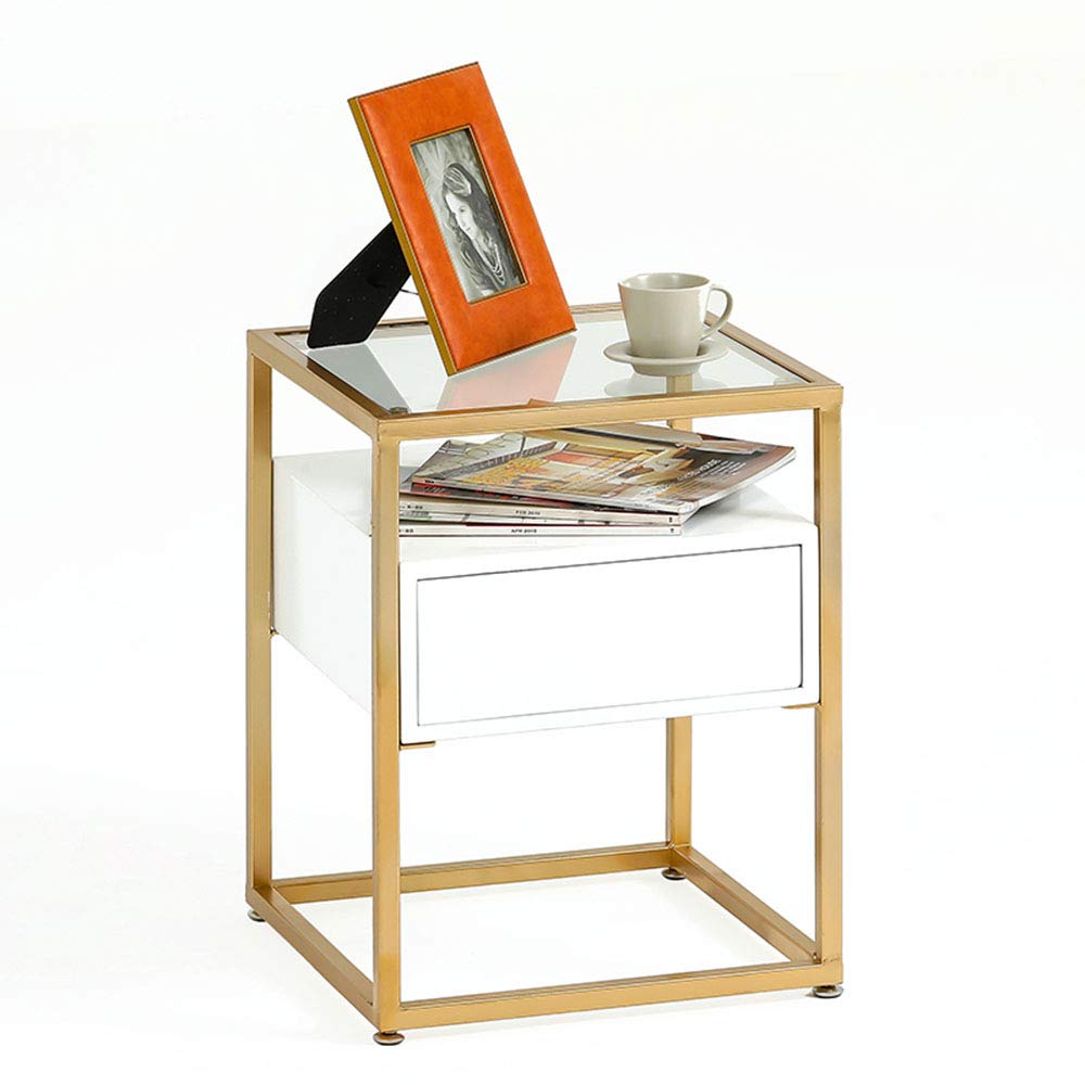 Modern Glass Side Table with 2-Tier Storage - Tempered Glass Coffee Table for Living Room, Bedroom, or Office - White Finish (43x35x55cm) - Perfect for Small Spaces, Next to Sofa or as Bedside Nightstand