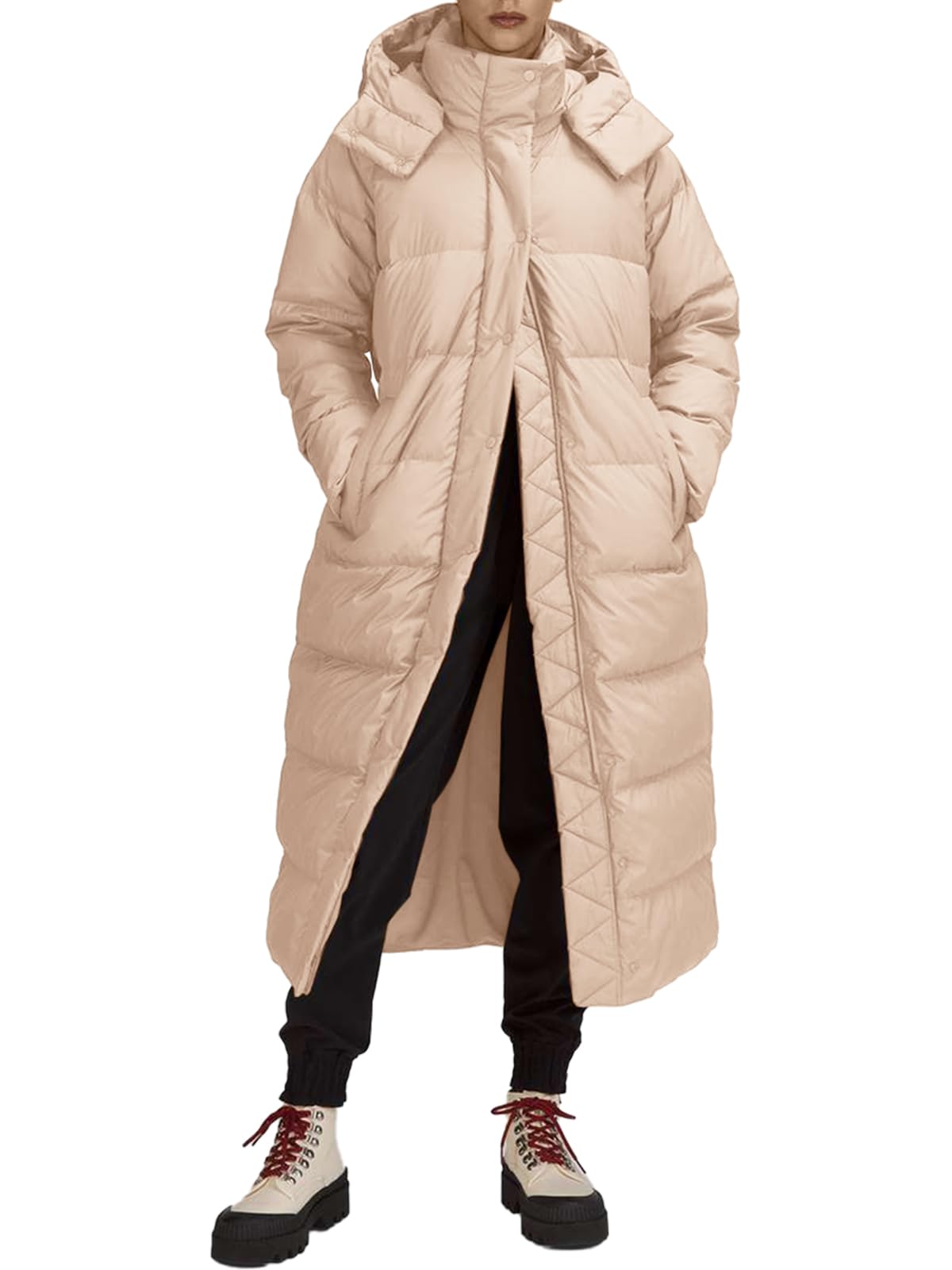 Fisoew Women's Quilted Hooded Puffer Jacket - Long Sleeve Maxi Length Winter Coat for Cold Weather | Warm Outerwear for Snow, Travel & Outdoor Activities