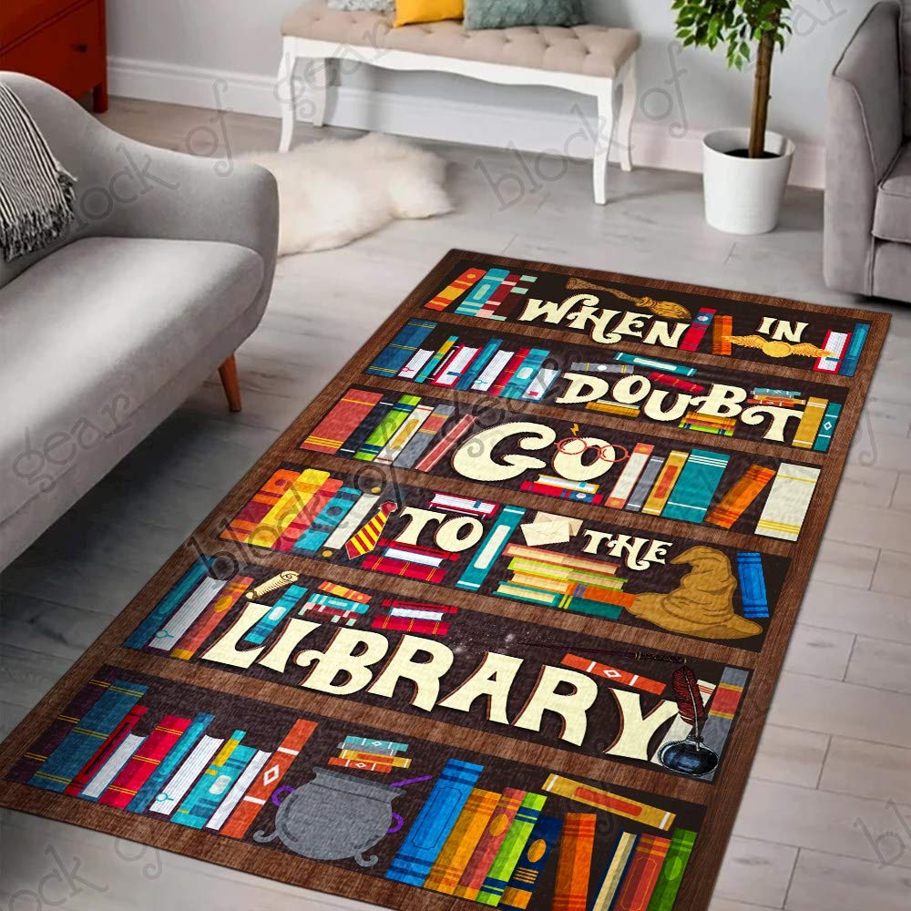 GEEMBI 3' x 5' Book Lover Area Rug - Library & Classroom Reading Rug for Kids, Bookaholics - Non-Slip Educational Rug for Living Room, Bedroom, Study - 'When in Doubt Go to The Library' Design LHA368R - Perfect for Reading Nooks, Homeschooling & Cozy Book Corners