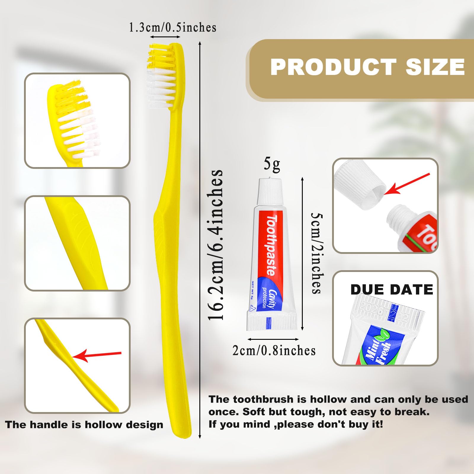 200 Pack Disposable Toothbrushes with Toothpaste - Individually Wrapped Travel Toothbrush Kit in Bulk (Yellow, Hollow Handle) for Travel, Hotels, Nursing Homes, Homeless Shelters & Charity Donations - Perfect for Hygiene Kits, Emergency Preparedness & On-the-Go Oral Care