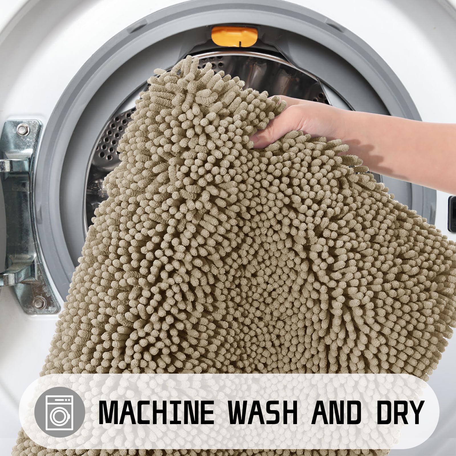 Yimobra Luxury Chenille Shaggy Bathroom Rug Mat - 32''x20'' Extra Soft & Thick Absorbent Water Non-Slip Machine Washable Bath Mat for Bathroom Floor, Tub and Shower - Pale Khaki - Perfect for Cozy Bathrooms, Spa-Like Showers and Modern Home Decor