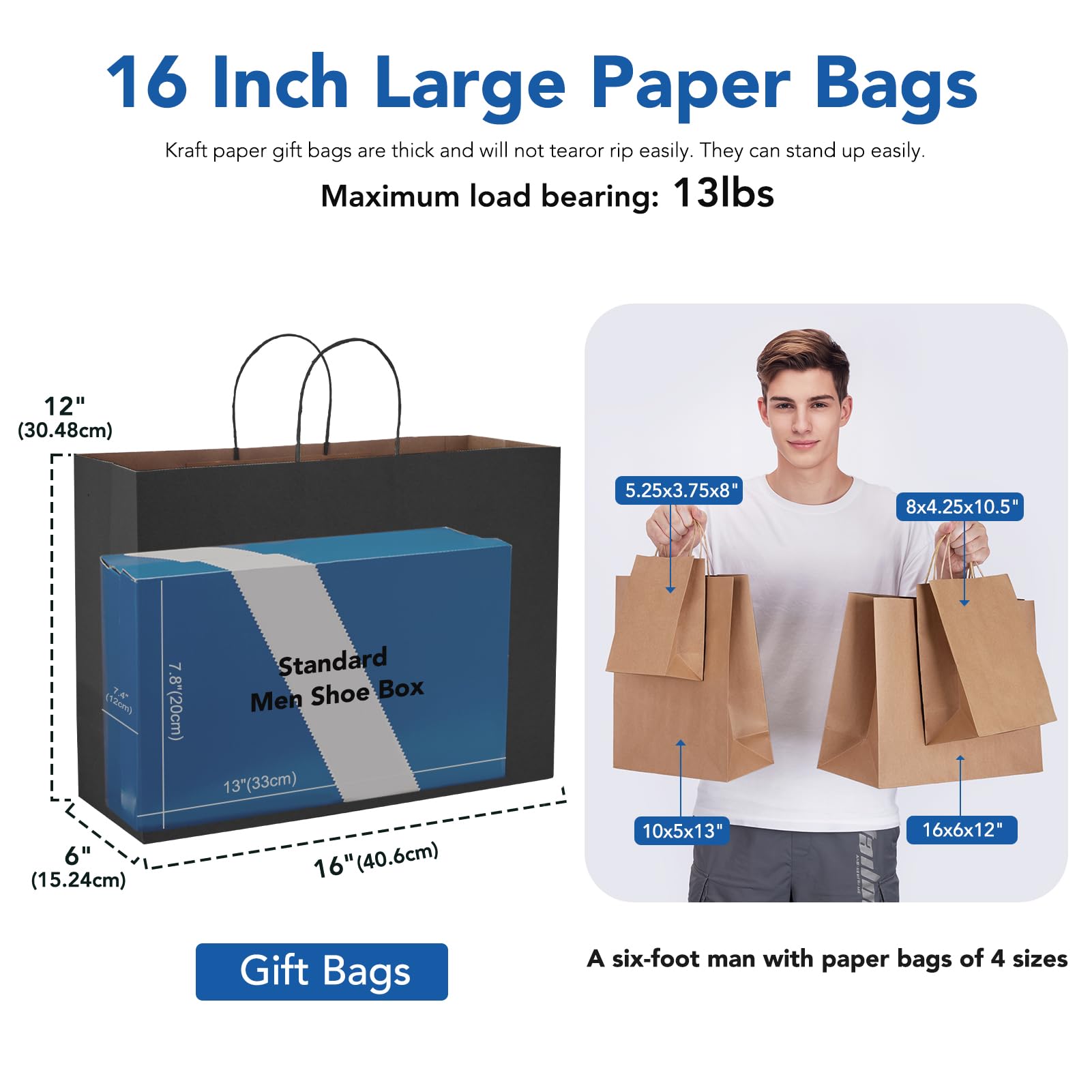 GSSUSA 16x6x12 Black Kraft Paper Bags with Handles - 100 Pack Bulk Gift & Shopping Bags for Small Business, Boutique, Grocery, Food Takeout, Merchandise | Eco-Friendly Retail Packaging for Parties, Events & Store Use