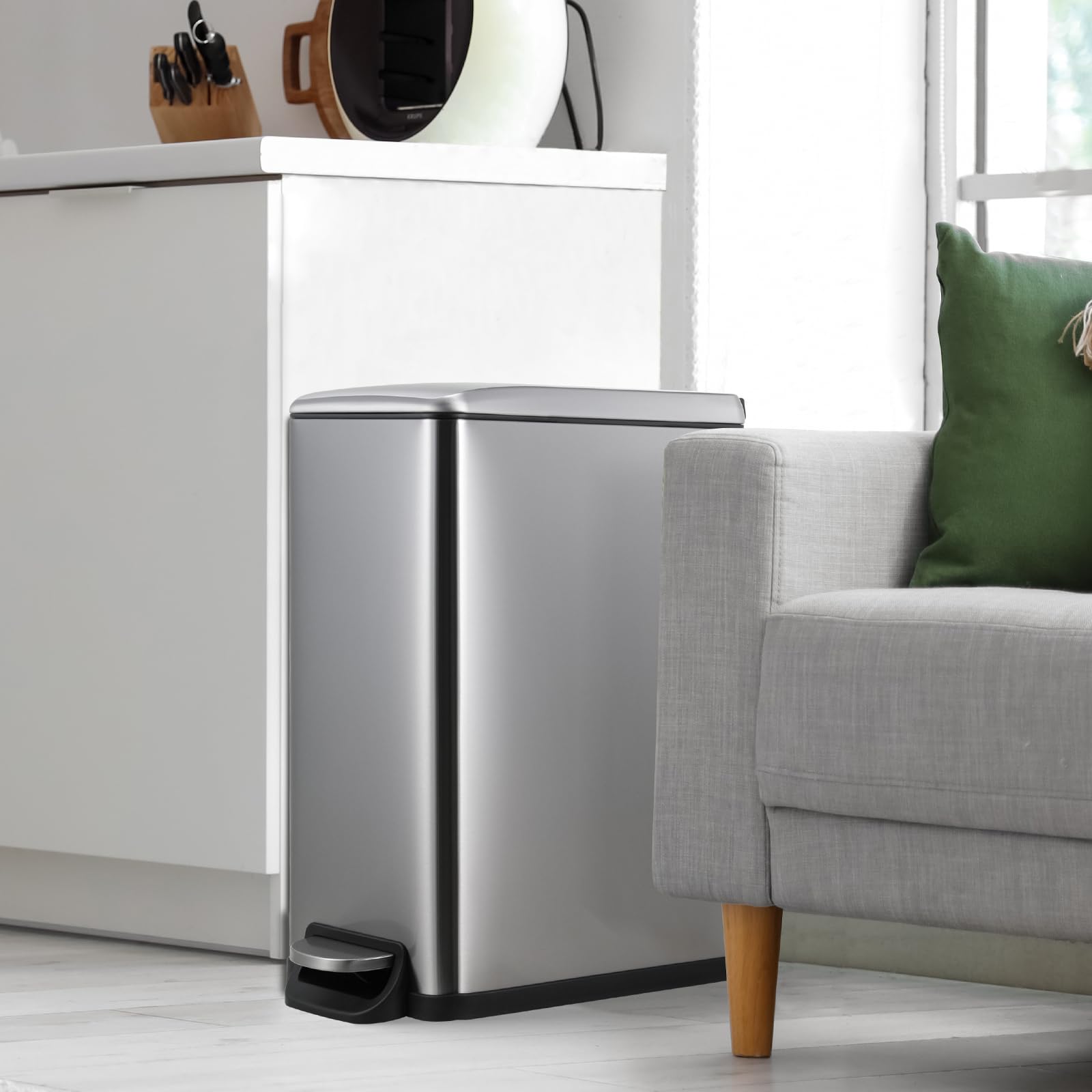 Arlopu 13.2 Gallon (50L) Slim Stainless Steel Kitchen Trash Can with Lid - Step-on Foot Pedal, Airtight Inner Bucket for Odor Control - Perfect for Kitchen, Bathroom & Office Waste Disposal
