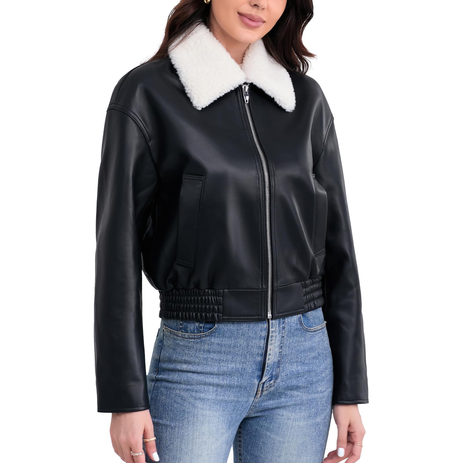 Women's Cropped Lambskin Leather Bomber Jacket with Removable Sherpa Collar - Zip Front, Elastic Hem - Stylish Outerwear for Casual Wear & Night Out