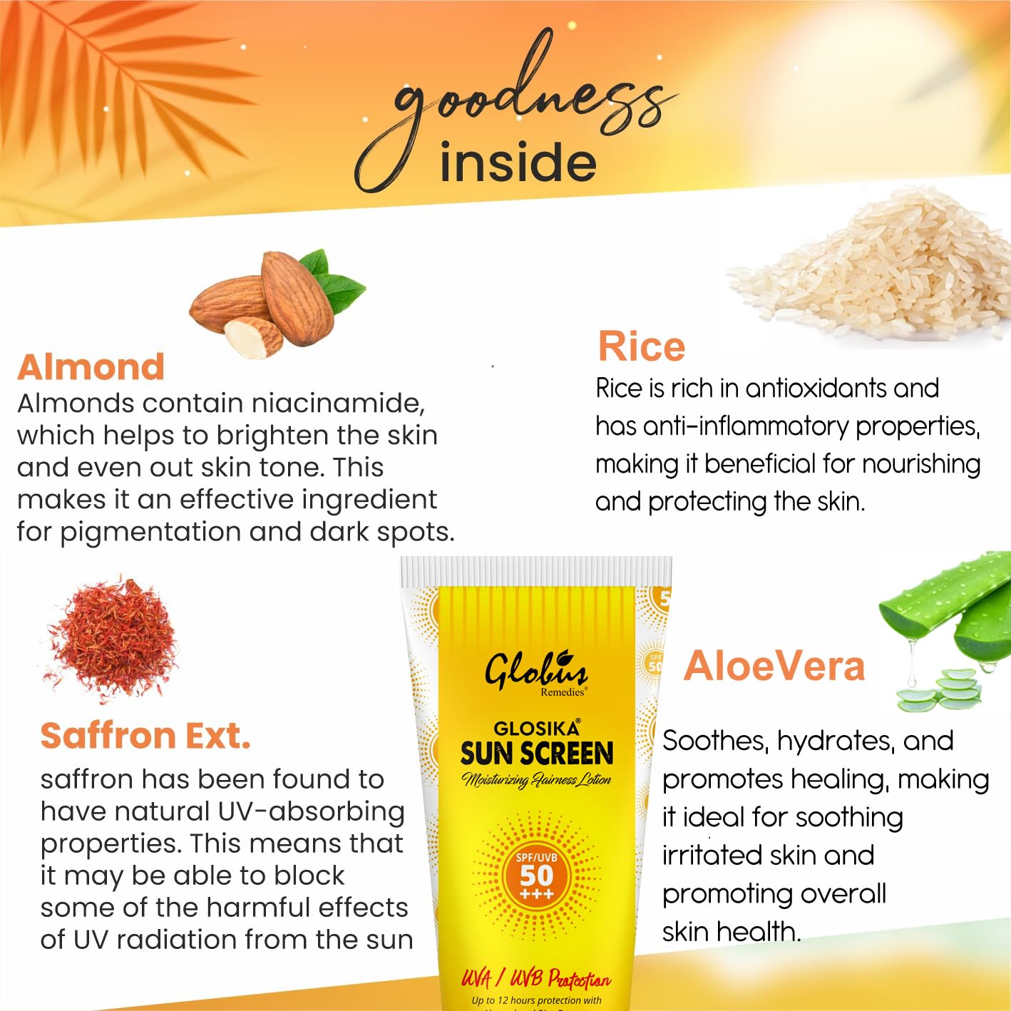Globus Remedies Glosika SPF 50 PA+++ Sunscreen Lotion with Almond & Rose Extract - 12 Hours Sun Protection - Moisturizing & Anti-Aging Face & Body Sunscreen for Daily Outdoor Activities, Beach & Swimming