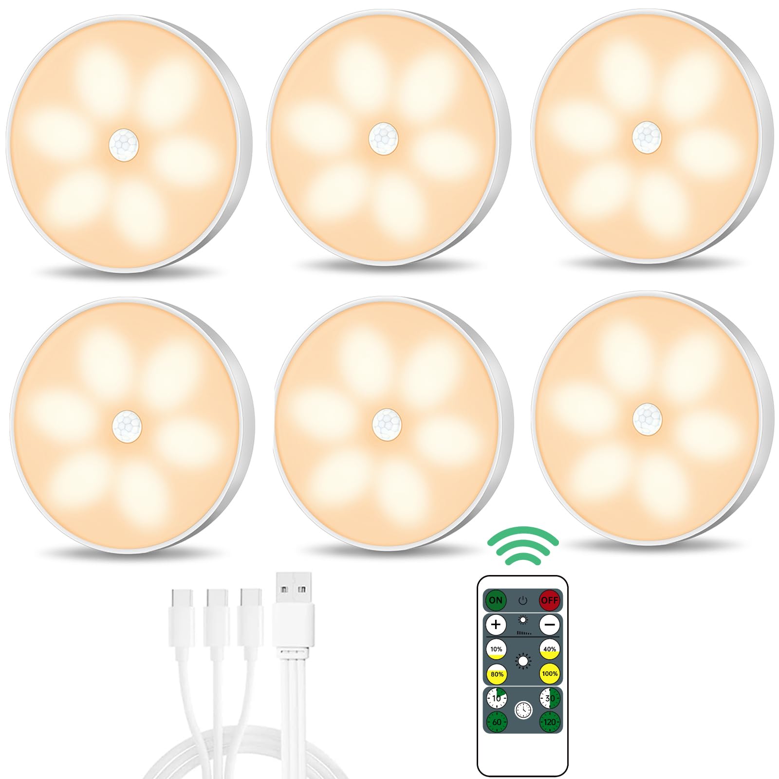 Warm White LED Closet Lights with Motion Sensor - USB Rechargeable Wireless Puck Lights, Dimmable Under Cabinet Lighting with Remote Control - Perfect for Wardrobe, Kitchen, Staircase (6 Pack)