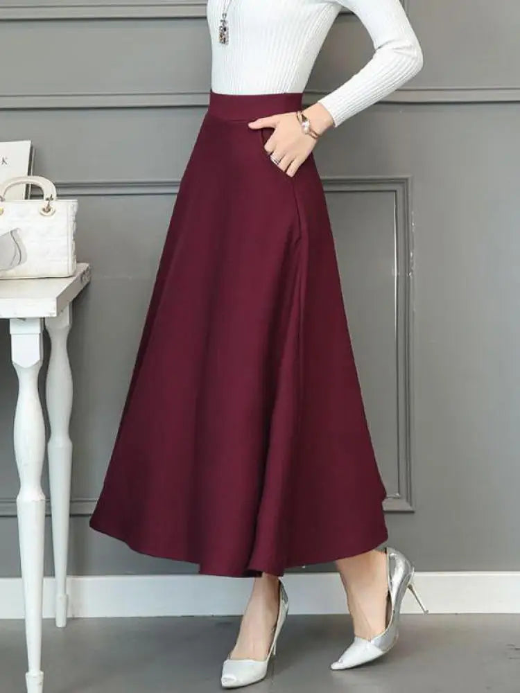 Black Elastic High Waist Pocket Long Skirt for Women - Plus Size Pleated Casual Skirt - Versatile Slimming Midi Skirt for Spring & Fall | Perfect for Office, Dating & Travel