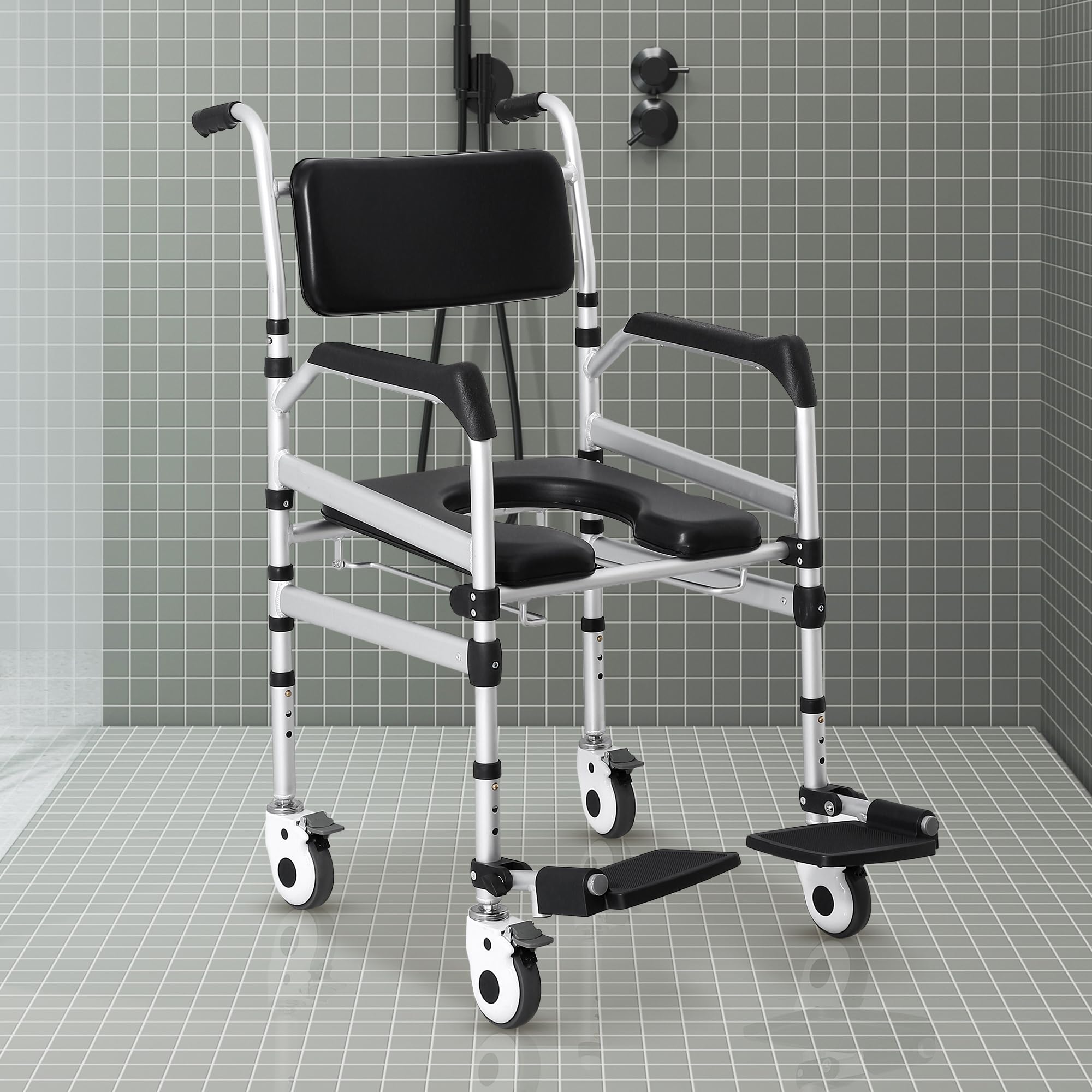 Houseables Adjustable Height Shower Chair with Wheels - Rolling Shower Wheelchair for Elderly & Handicap - Portable Bath Commode Chair for Safe Bathing & Bedside Toilet Use - Ideal for Seniors, Disabled & Post-Surgery Recovery at Home