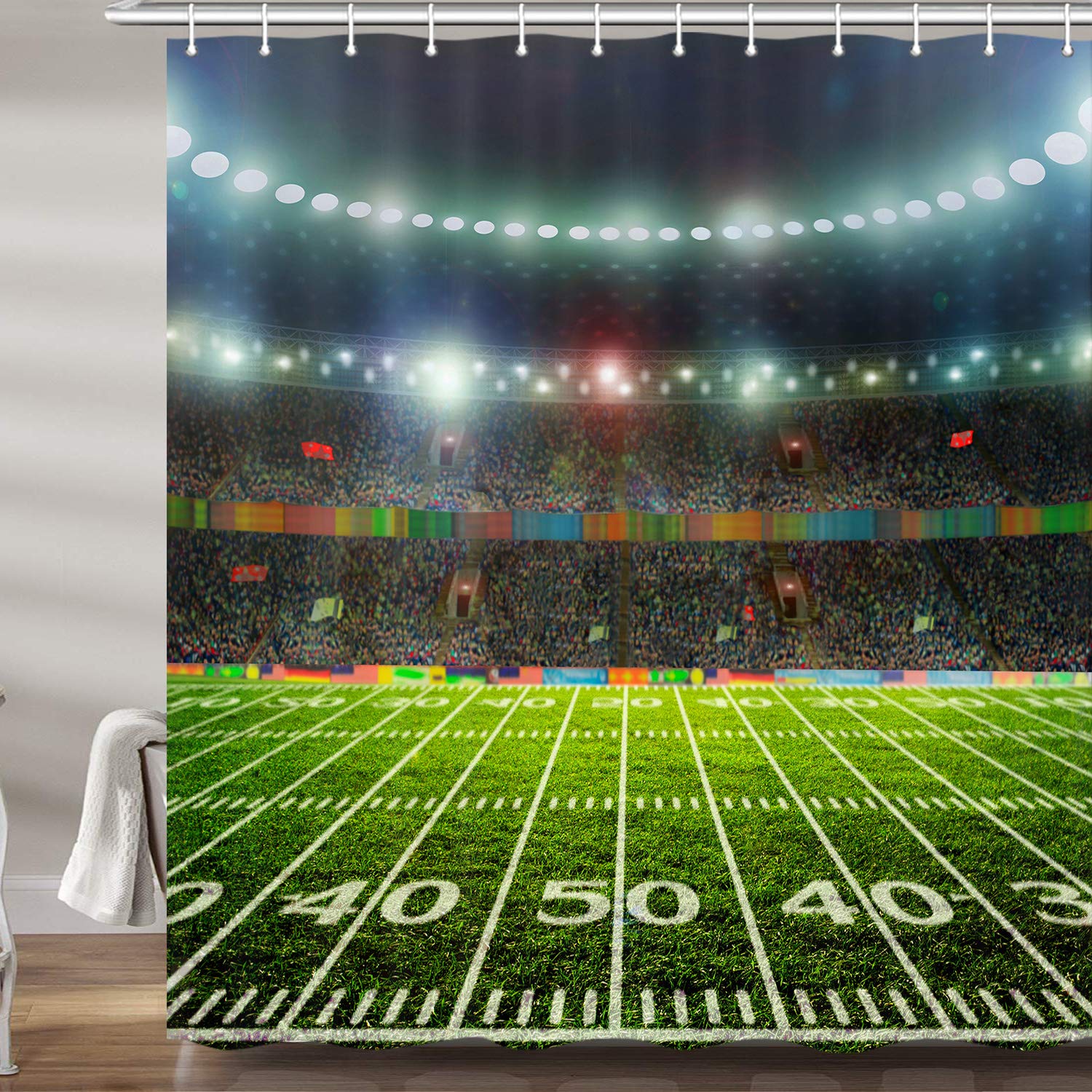 Sports Theme Football Field Shower Curtain Set - 69x75 Inch Fabric Bathroom Decor with 12 Hooks for Men's Restroom | Perfect for Game Day, Sports Fan Gifts & Themed Bathroom Accessories