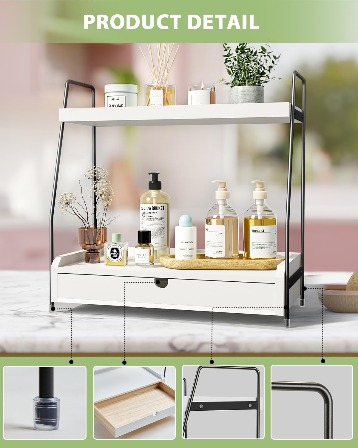 2-Tier Solid Wood Bathroom Organizer with Drawer - White and Black Countertop Vanity Tray for Bathroom Storage & Organization | Perfect for Makeup, Jewelry, Skincare Essentials in Master Bath or Guest Room
