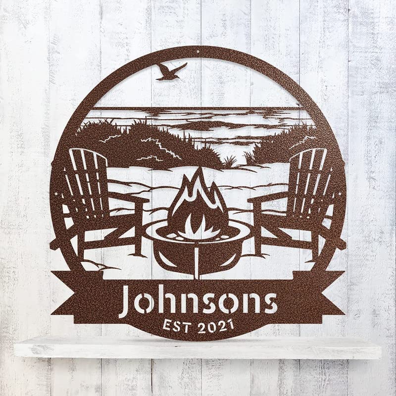 RealSteel Personalized Beach Campfire Monogram Sign - Custom Metal Wall Art for Home Décor, Outdoor Campsite, Backyard, Deer Lease & Fire Pit Areas - Perfect for Rustic Cabin, Hunting Lodge & Lakeside Retreat Decor