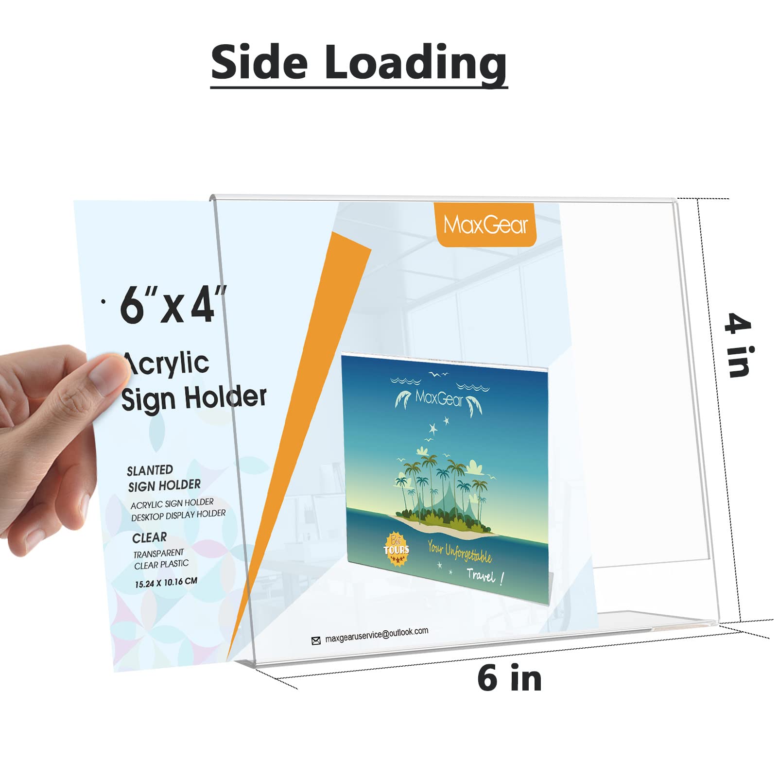 MaxGear 4x6 Inch Clear Acrylic Sign Holders - 12 Pack Slant Back Plastic Display Stands for Tabletop, Counter & Wall - Perfect for Office, Home, Store, Restaurant Menus, Promotions & Event Signage