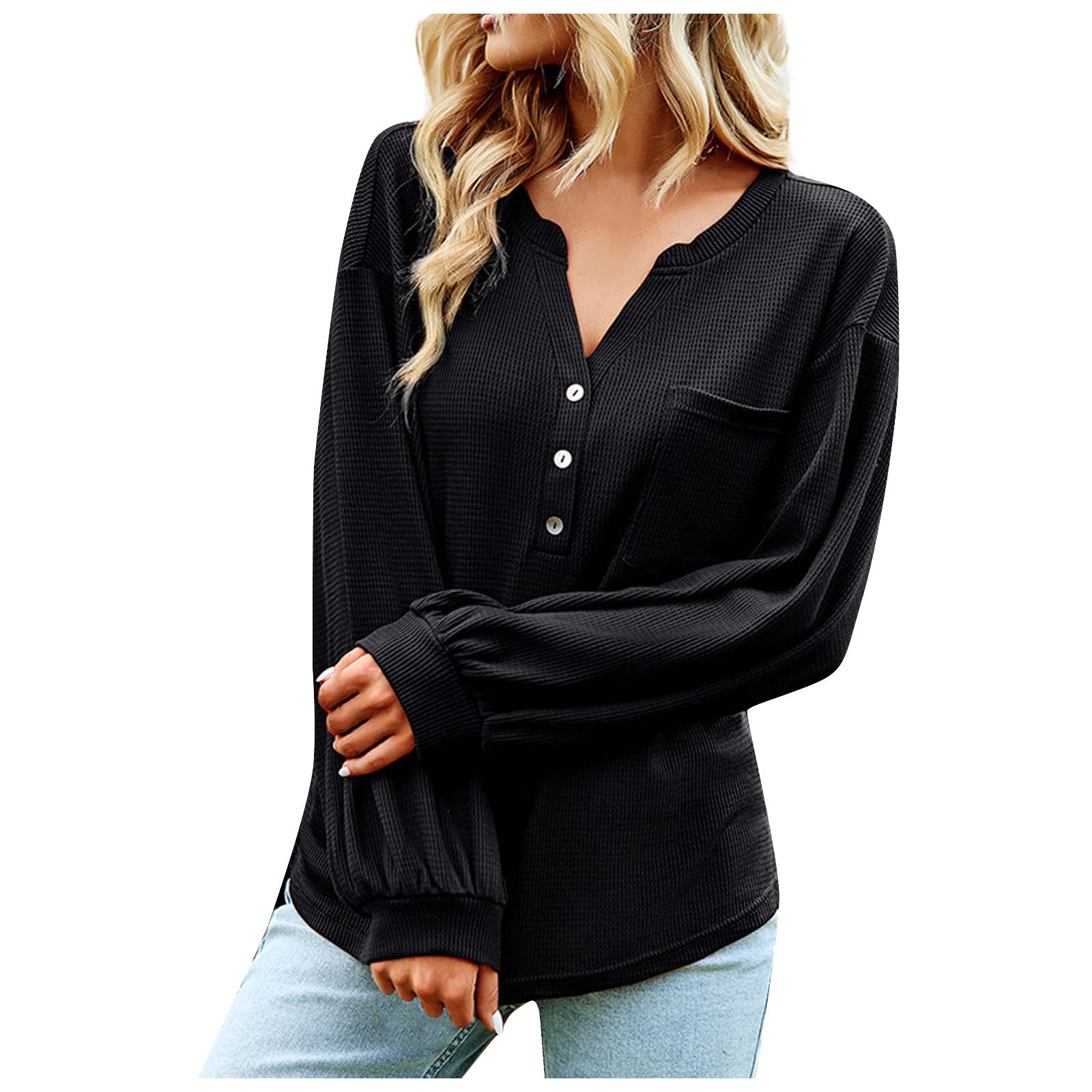 Women's Henley V-Neck Waffle Knit Button-Down Tunic Top - Slim Fit Blouse with Lantern Sleeves - Casual & Work Wear for Everyday Comfort