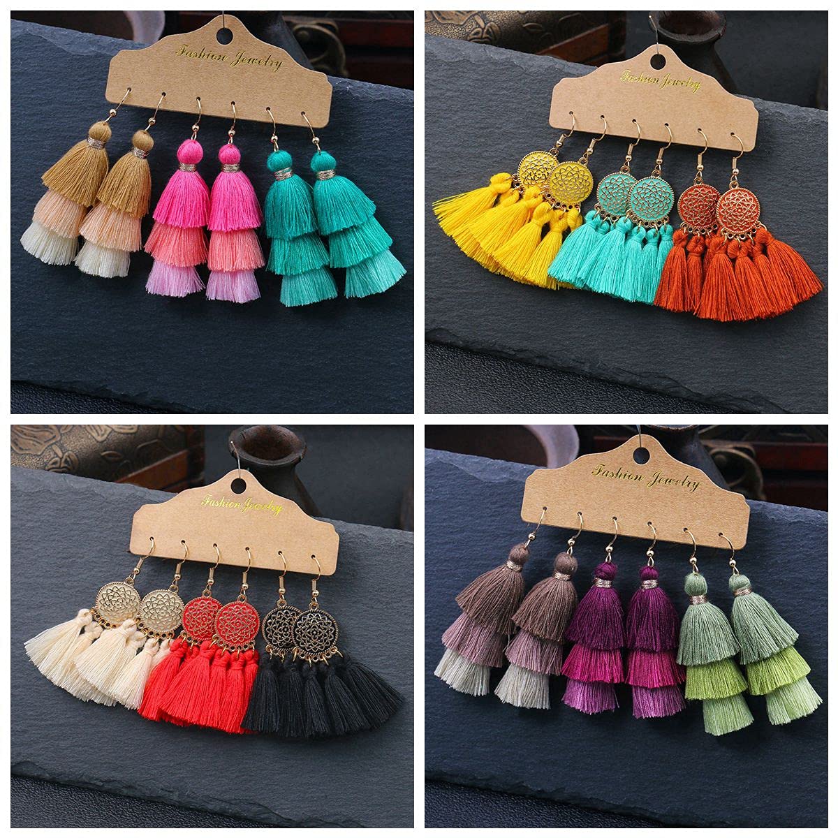 6 Pairs Boho Fringe Earrings for Women - Layered Tassel Dangle Earrings Set, Bohemian Style Fan Shape Jewelry - Perfect for Festivals, Parties & Everyday Wear