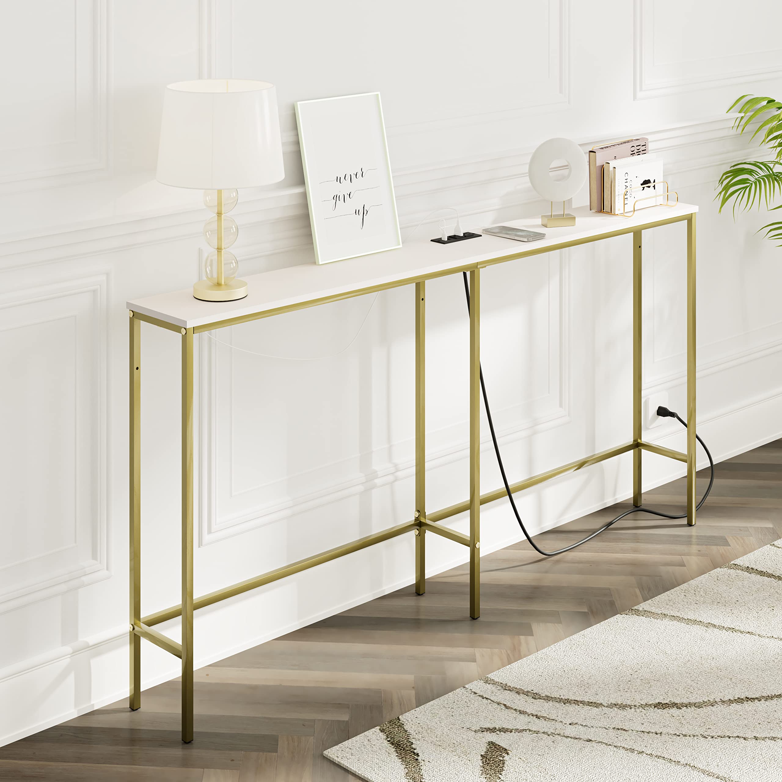 Modern Industrial Console Table with Power Outlets - Narrow Long Wood Sofa Table with USB Charging - Entryway & Living Room Side Table (Classic White, 8