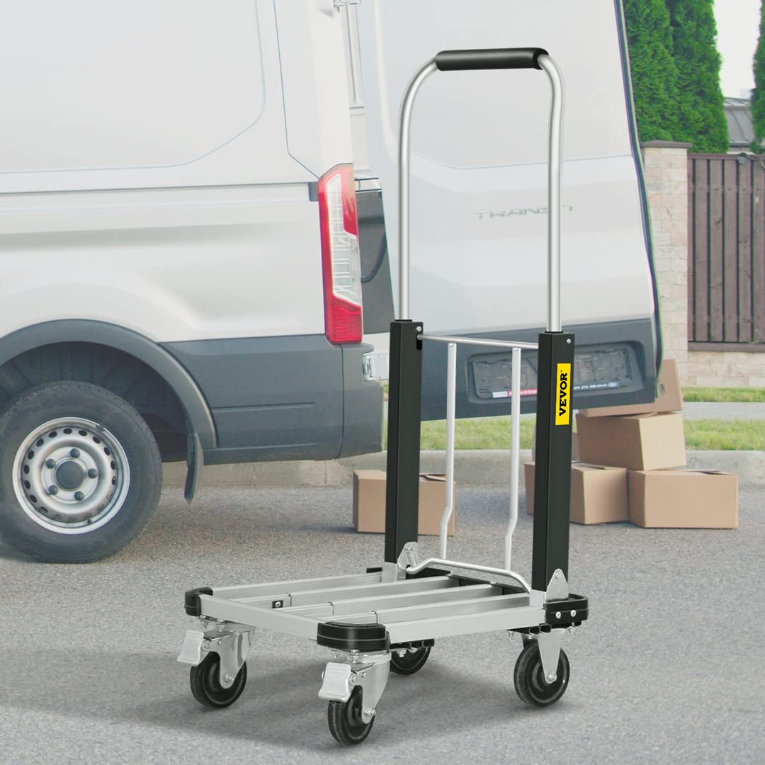 VEVOR Folding Platform Truck - Heavy Duty Aluminum Utility Cart with Telescoping Handle & 4 Wheels, 330LBS Capacity - Portable Adjustable Length Push Cart for Luggage, Travel, Shopping, Warehouse, Office & Home Use