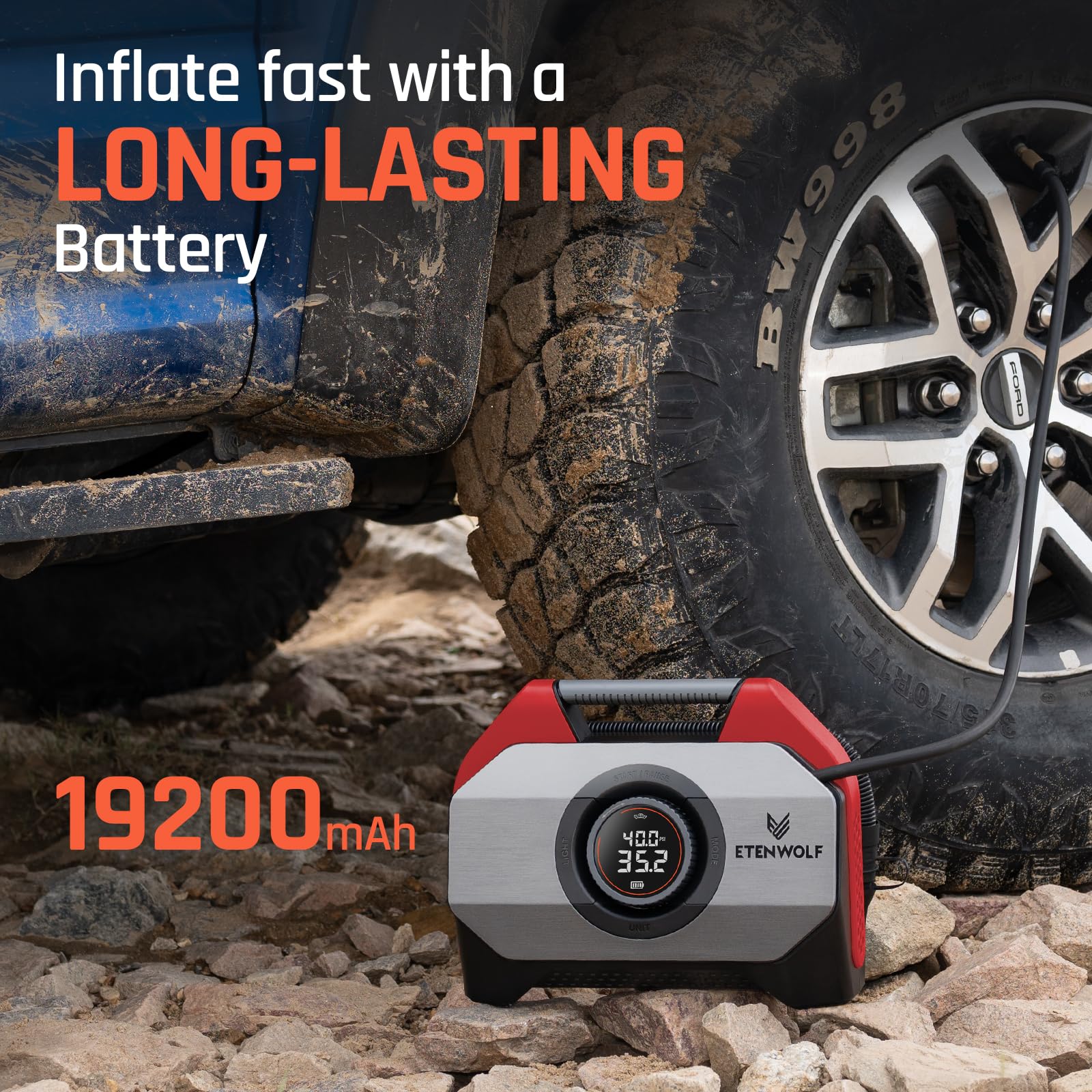 ETENWOLF VORTEX S6 Cordless Tire Inflator - 19200mAh Portable Air Compressor for Cars, Trucks, Bikes & Inflatables - Heavy Duty Dual Cylinder Pump with 100% Duty Cycle (Red) - Perfect for Road Trips, Camping & Emergency Tire Inflation