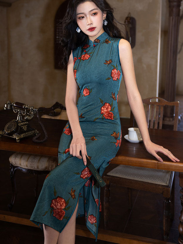 2025 Summer Blue Black Floral Cheongsam Qipao Dress - Elegant Chinese Traditional Dress for Women, Perfect for Weddings, Parties & Special Occasions